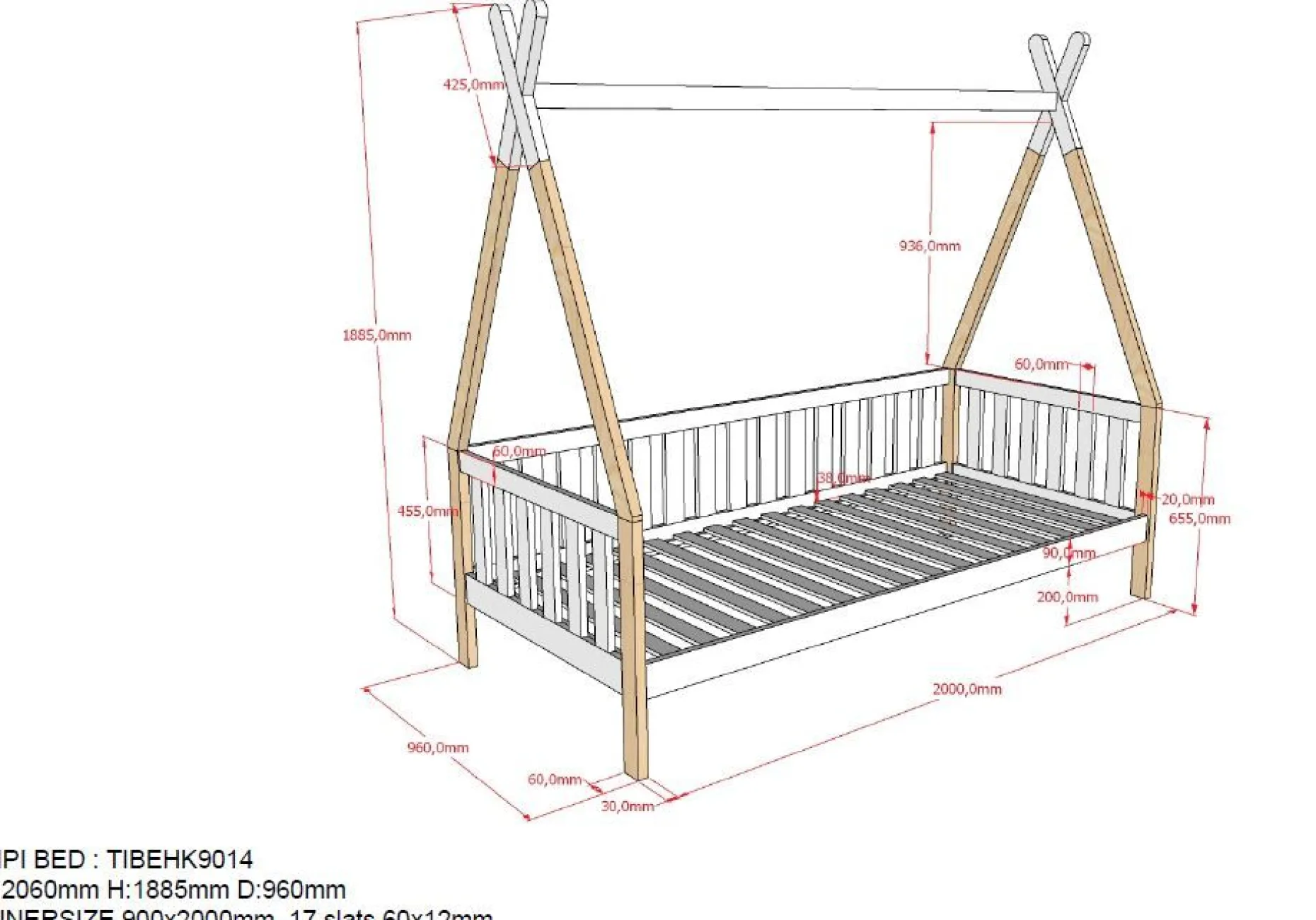 Tipi Bett 90 x 200cm mit rahmen Massivholz - Kieferholz/weiß