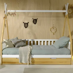 Tipi-Bett 90 x 200cm mit Reling und Bettkasten Massivholz - Kieferholz/weiß