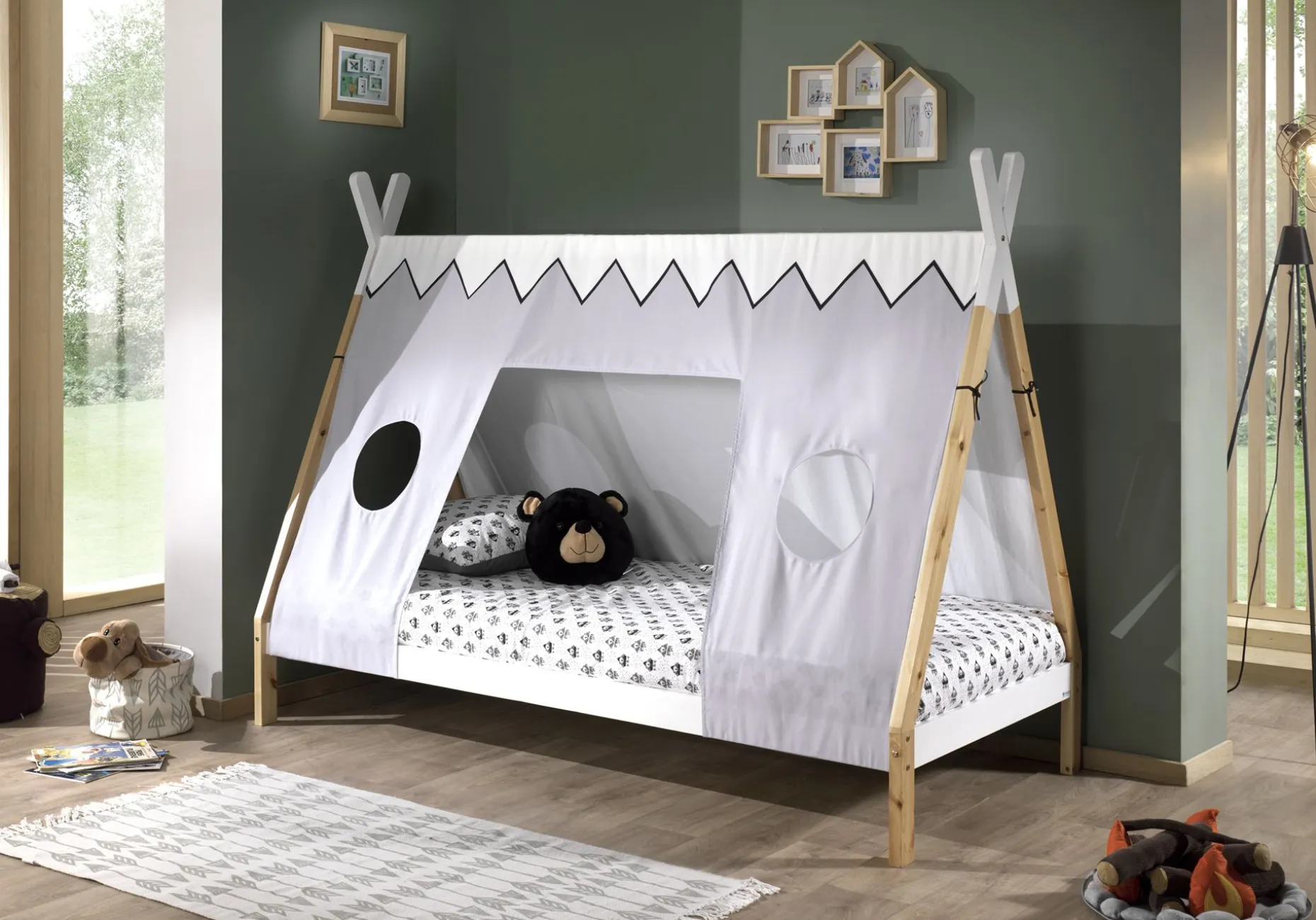 Tipi-Bett 90 x 200 hoch mit Schlafzelt - weiß/kieferholz