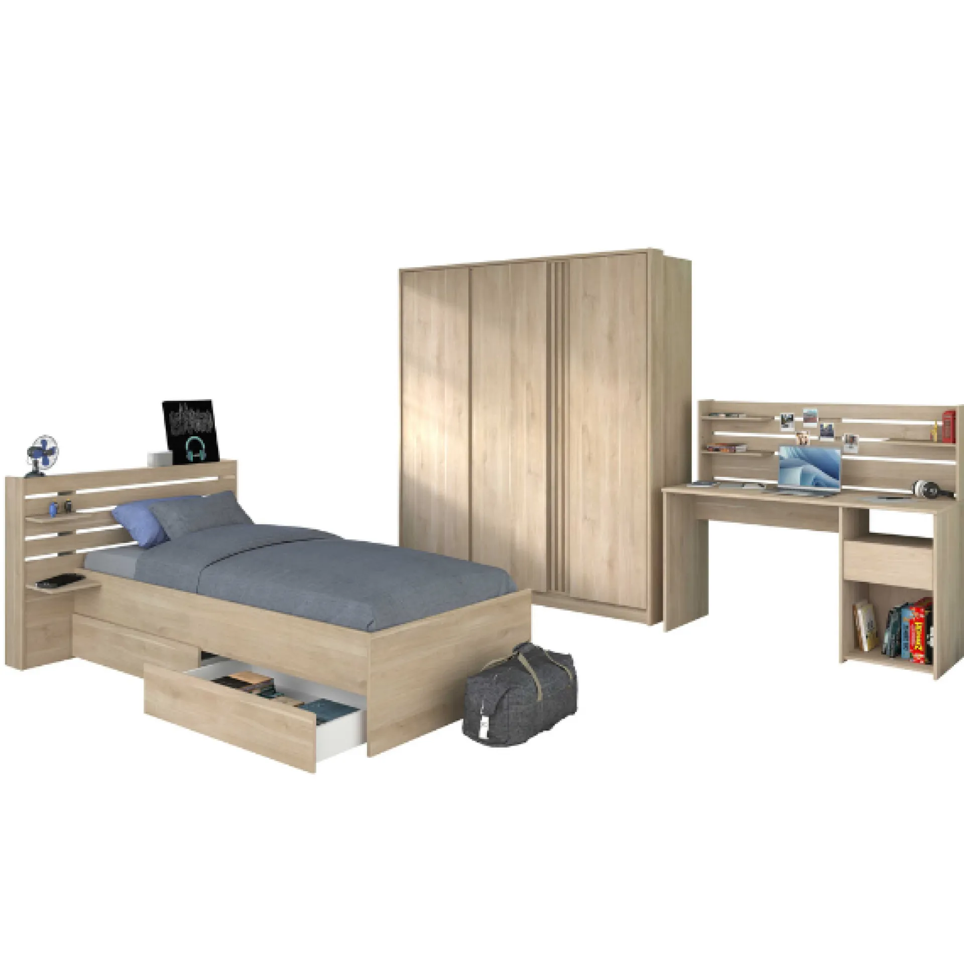 Kinder Parisot TokioKinderzimmer : Bett 90x200 mit Schubladen, Kleiderschrank, Schreibtisch