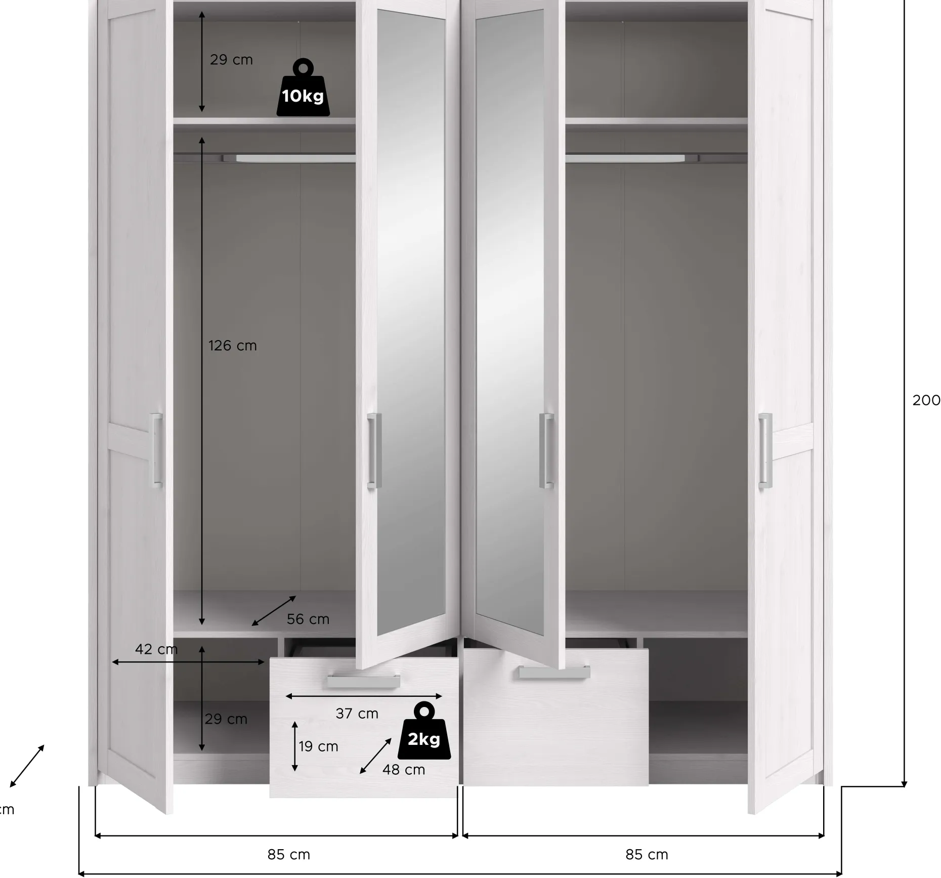 4-türiger Kleiderschrank Verona Xonox - sibiu-lärchenfarbene Oberfläche - 188x200x61 cm - Weiß