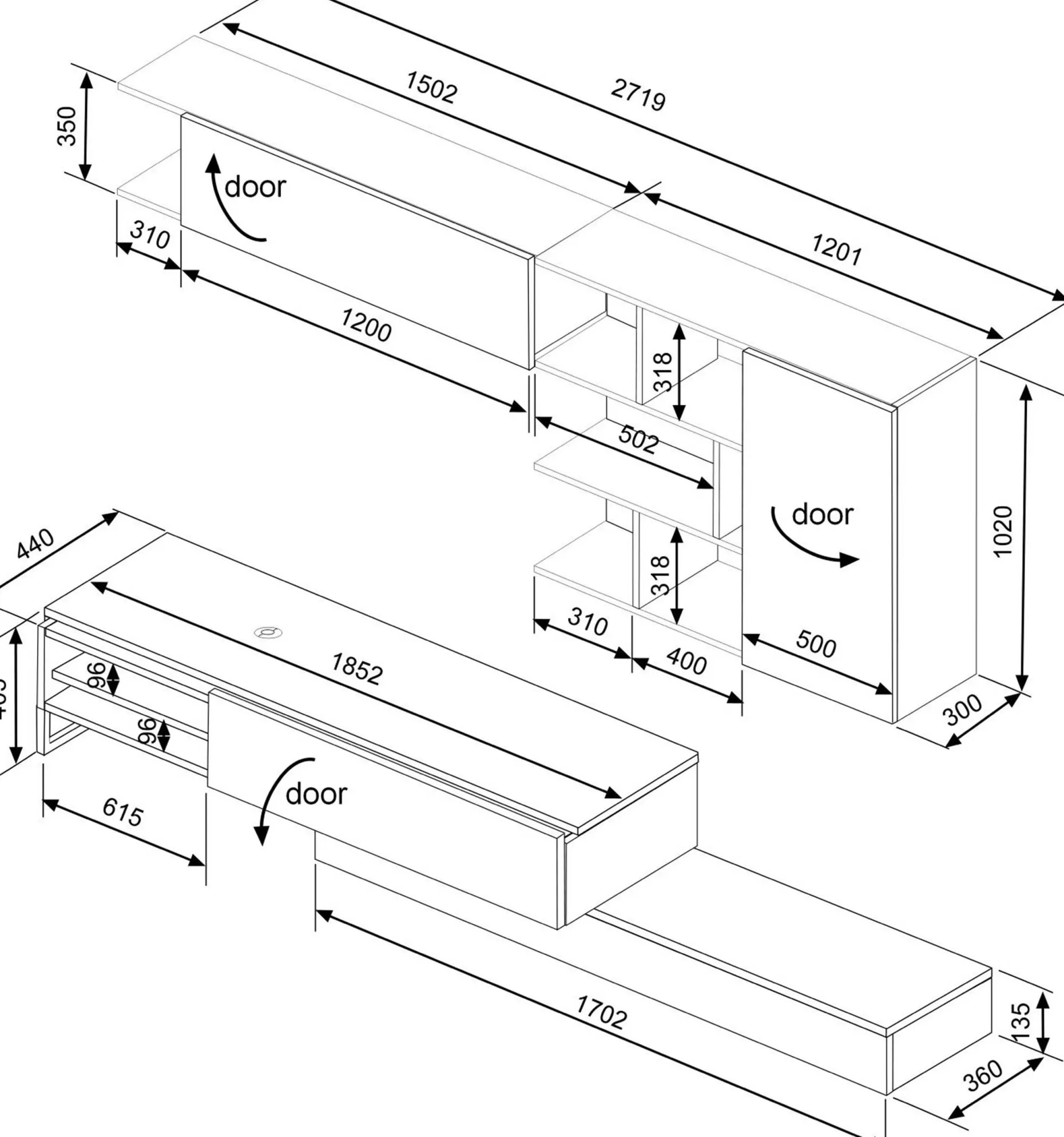 TV-Möbel Pim 272cm 3 Türen - grau/ Eiche Dekor