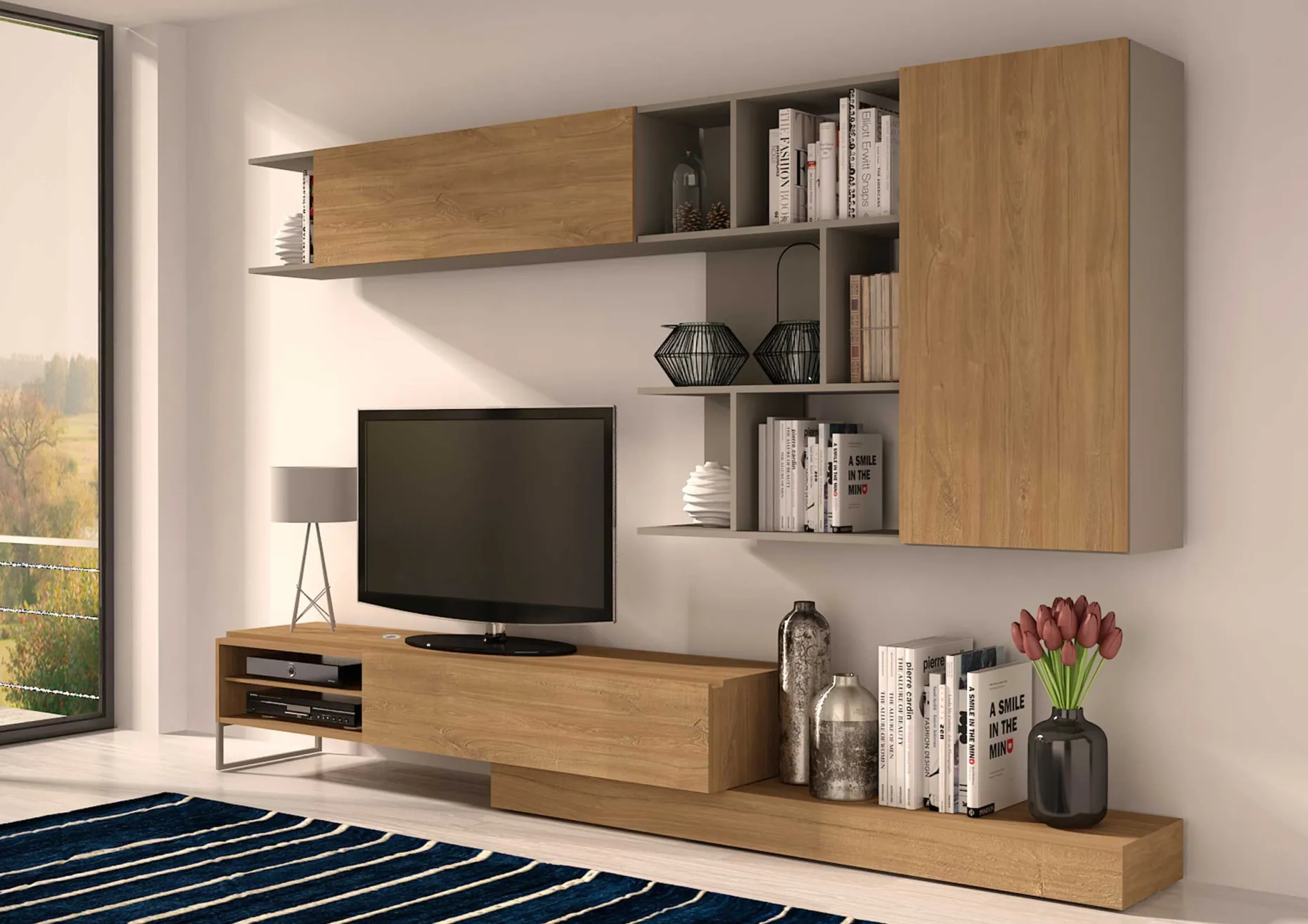 TV-Möbel Pim 272cm 3 Türen - grau/ Eiche Dekor