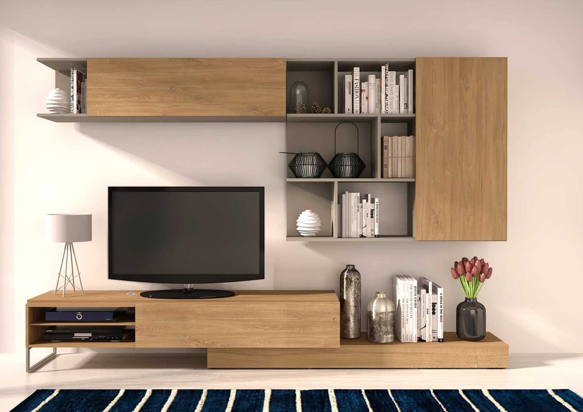 TV-Möbel Pim 272cm 3 Türen - grau/ Eiche Dekor