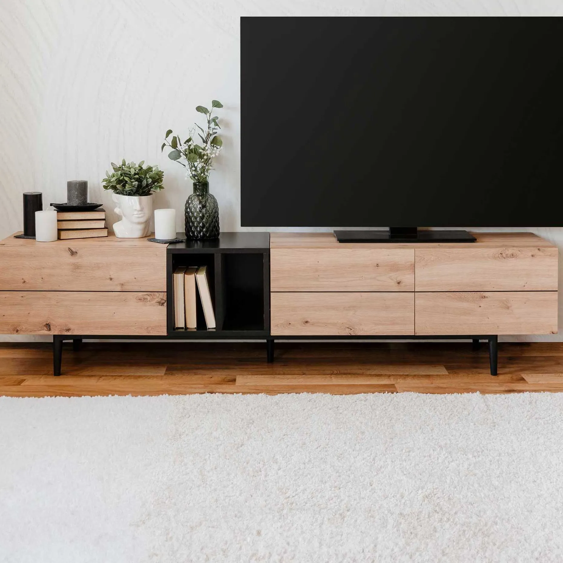TV-Möbel Ted 195cm 3 Türen - Eiche/schwarz