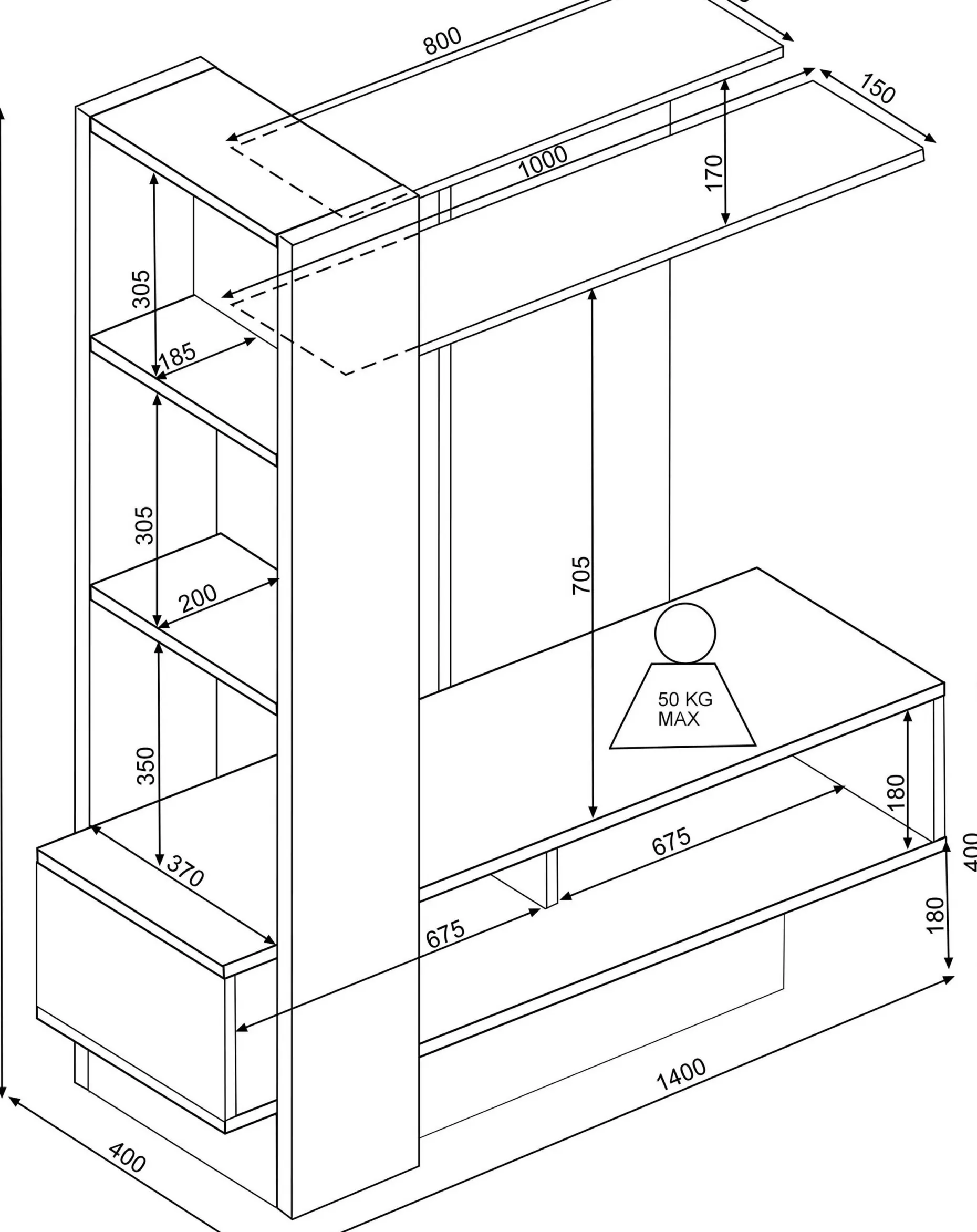 TV-Möbel Zerko 140cm - Eiche hell/schwarz