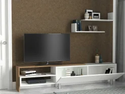 TV-Schrank Dizayn - 181x31x41cm - mit 1 Tür und 2 Wandeinlegeböden - weiß/Walnuss