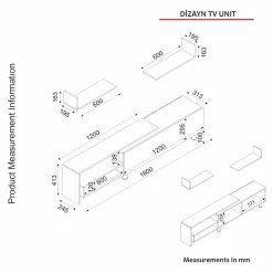 TV-Schrank Dizayn - 181x31x41cm - mit 1 Tür und 2 Wandeinlegeböden - weiß/Walnuss
