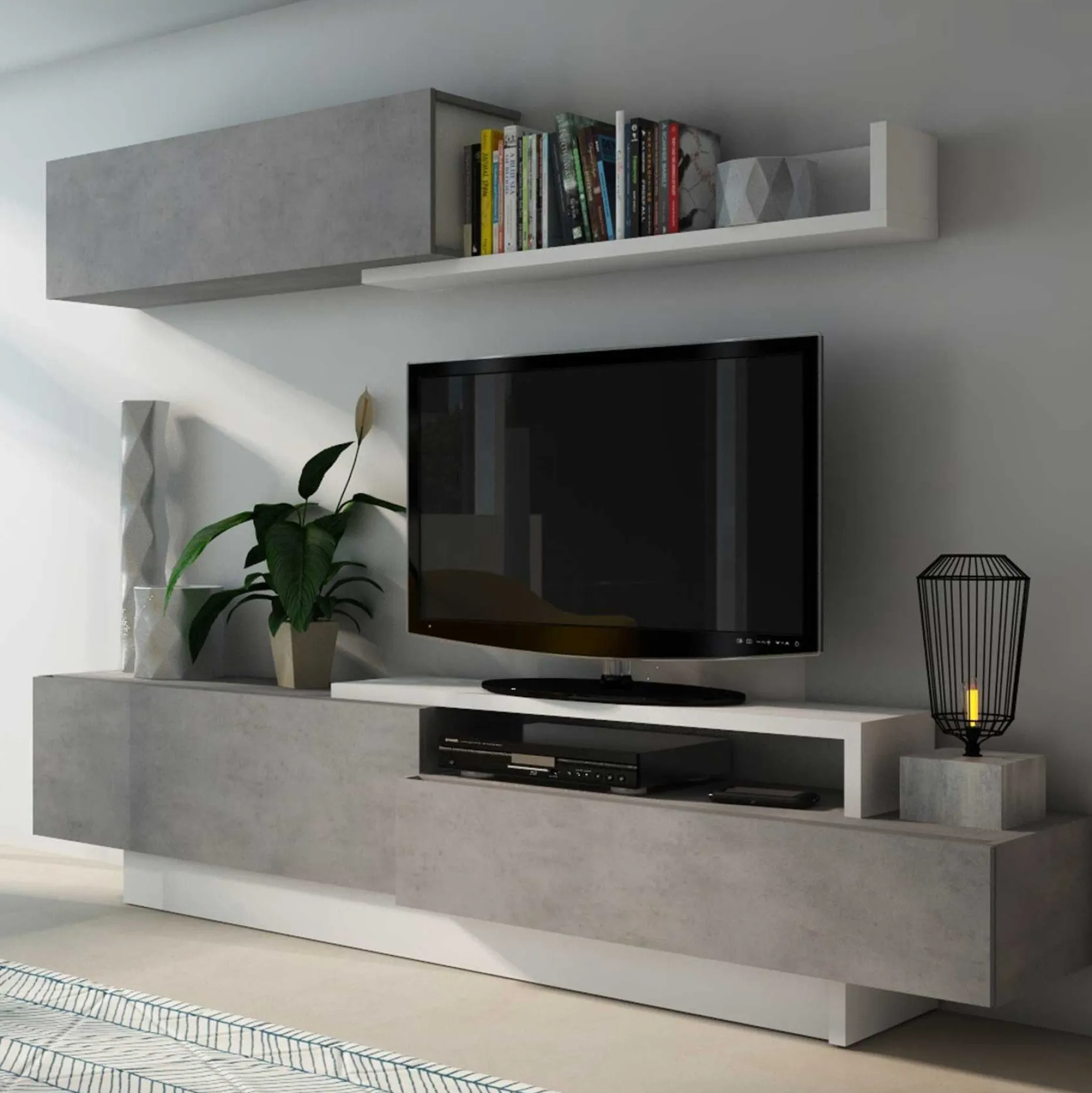 TV-Schrank Izquierdo 240cm 3 Türen - Beton/Weiß