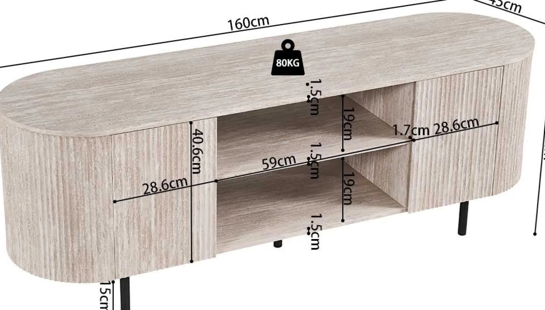 TV-Schrank Lagos - 160x45x57,5cm - 2 Türen - Travertin