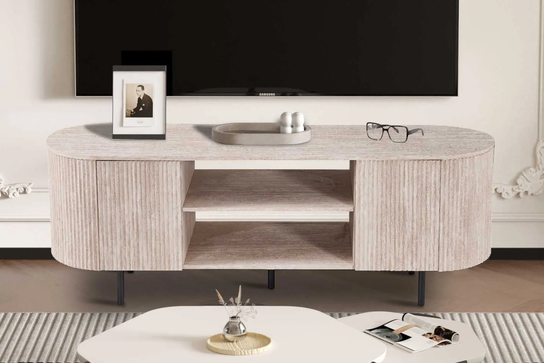 TV-Schrank Lagos - 160x45x57,5cm - 2 Türen - Travertin
