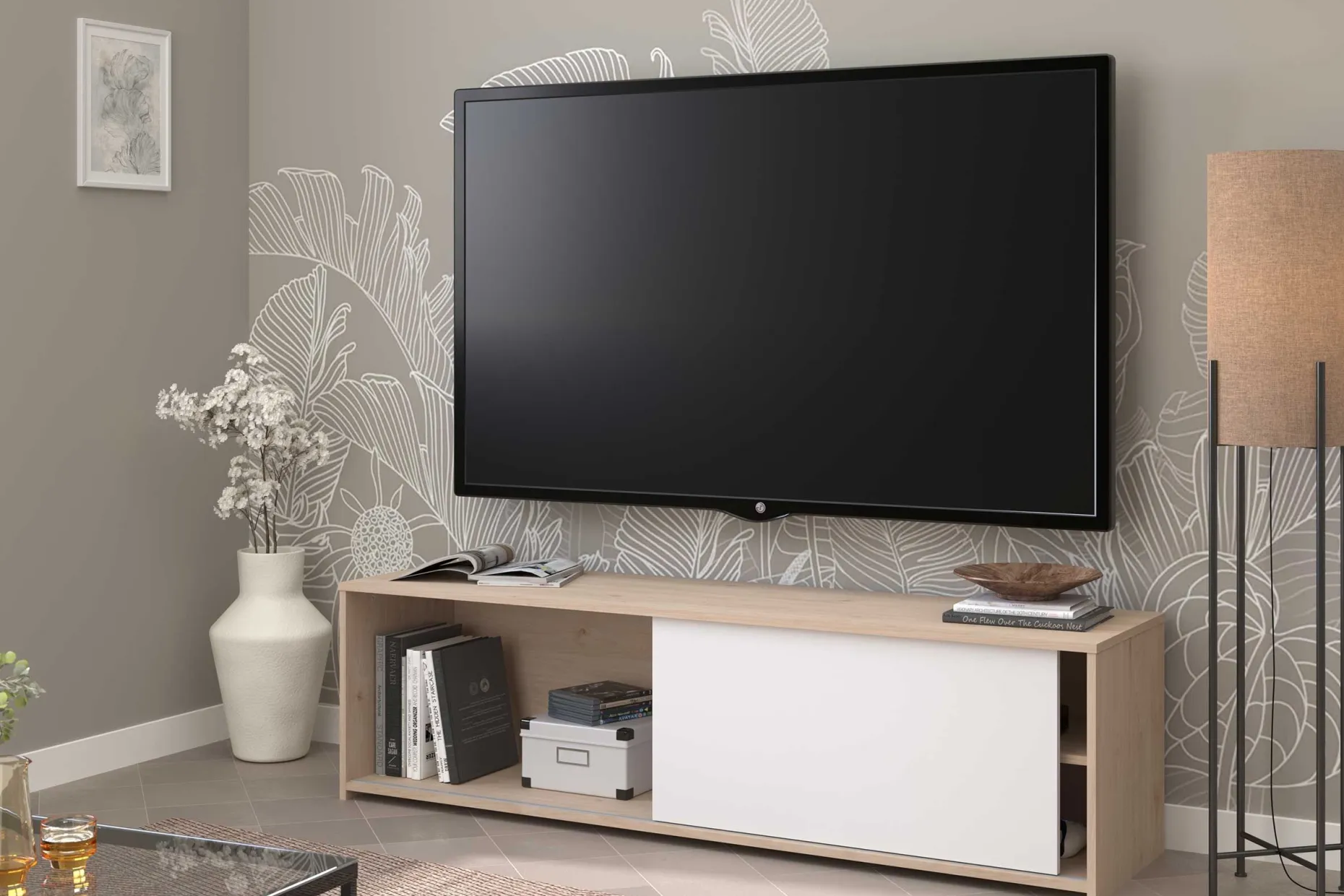 TV-Schrank Leandro - 155x40x43cm - mit Schiebetür - Eiche Dekor/Weiß