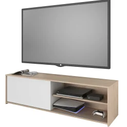 TV-Schrank Leandro - 155x40x43cm - mit Schiebetür - Eiche Dekor/Weiß