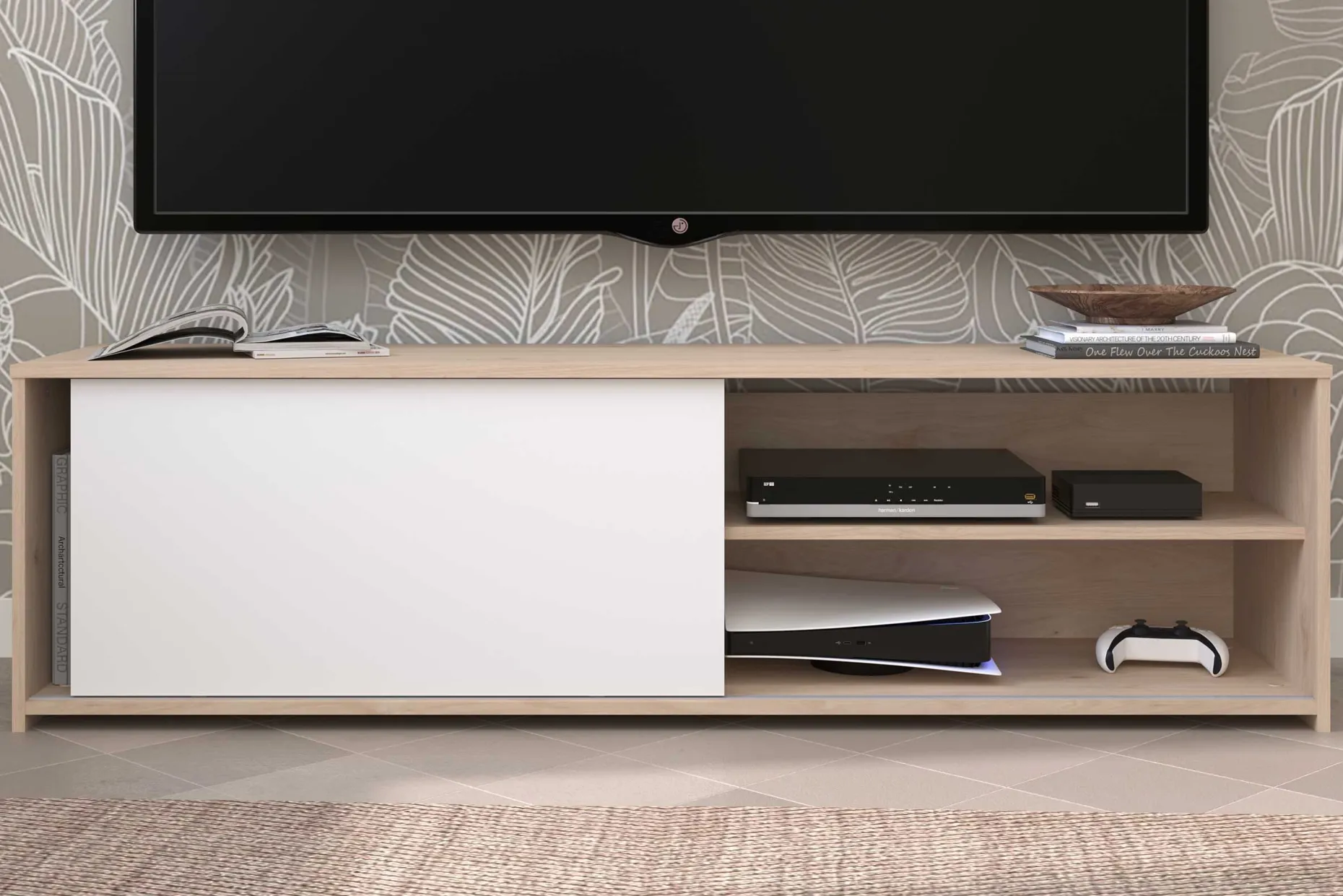 TV-Schrank Leandro - 155x40x43cm - mit Schiebetür - Eiche Dekor/Weiß