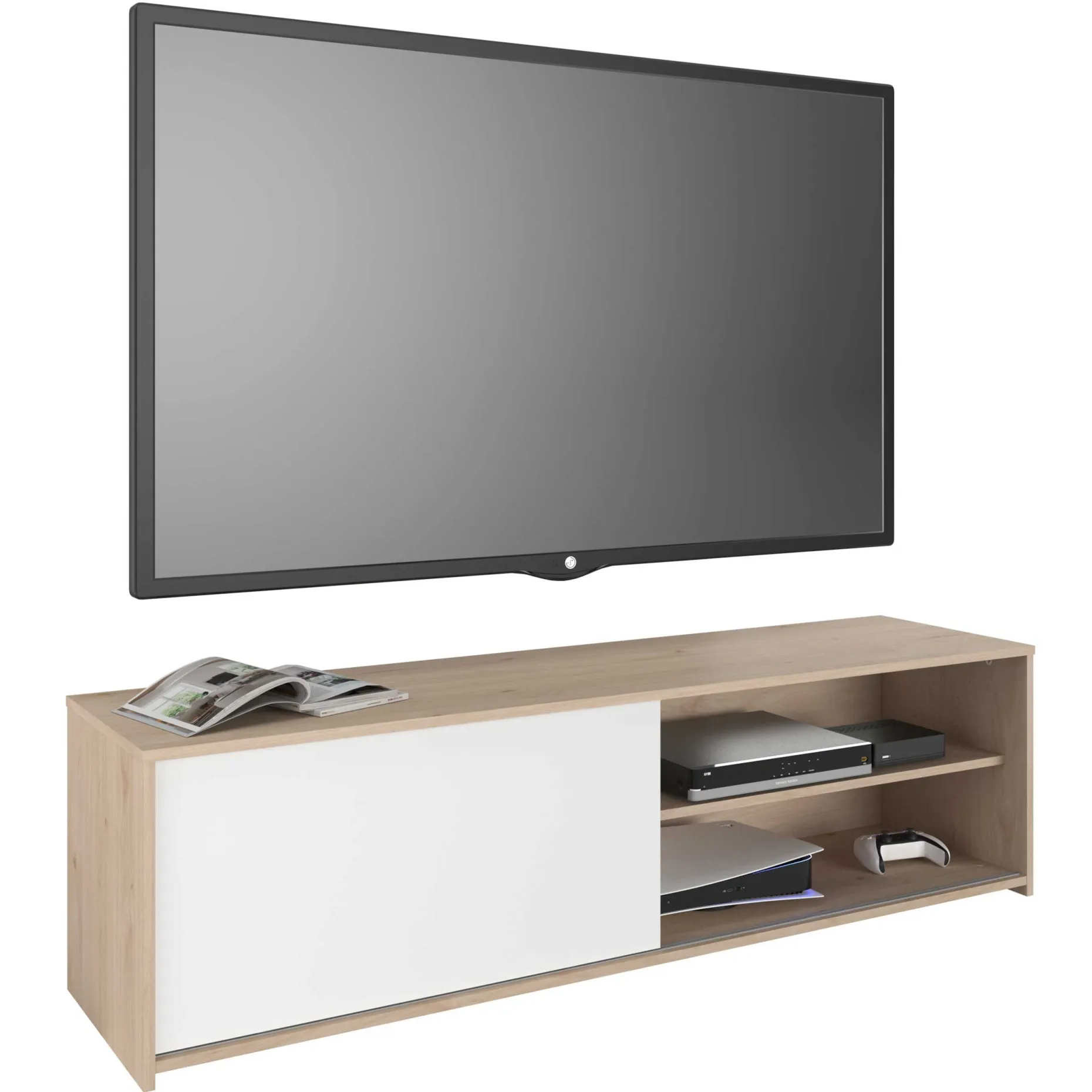 TV-Schrank Leandro - 155x40x43cm - mit Schiebetür - Eiche Dekor/Weiß