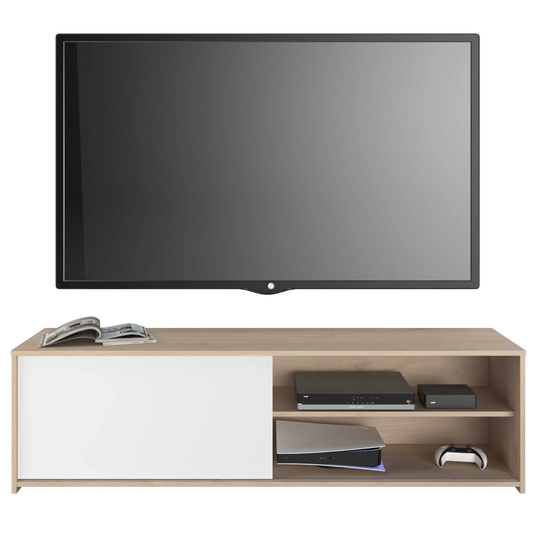 TV-Schrank Leandro - 155x40x43cm - mit Schiebetür - Eiche Dekor/Weiß