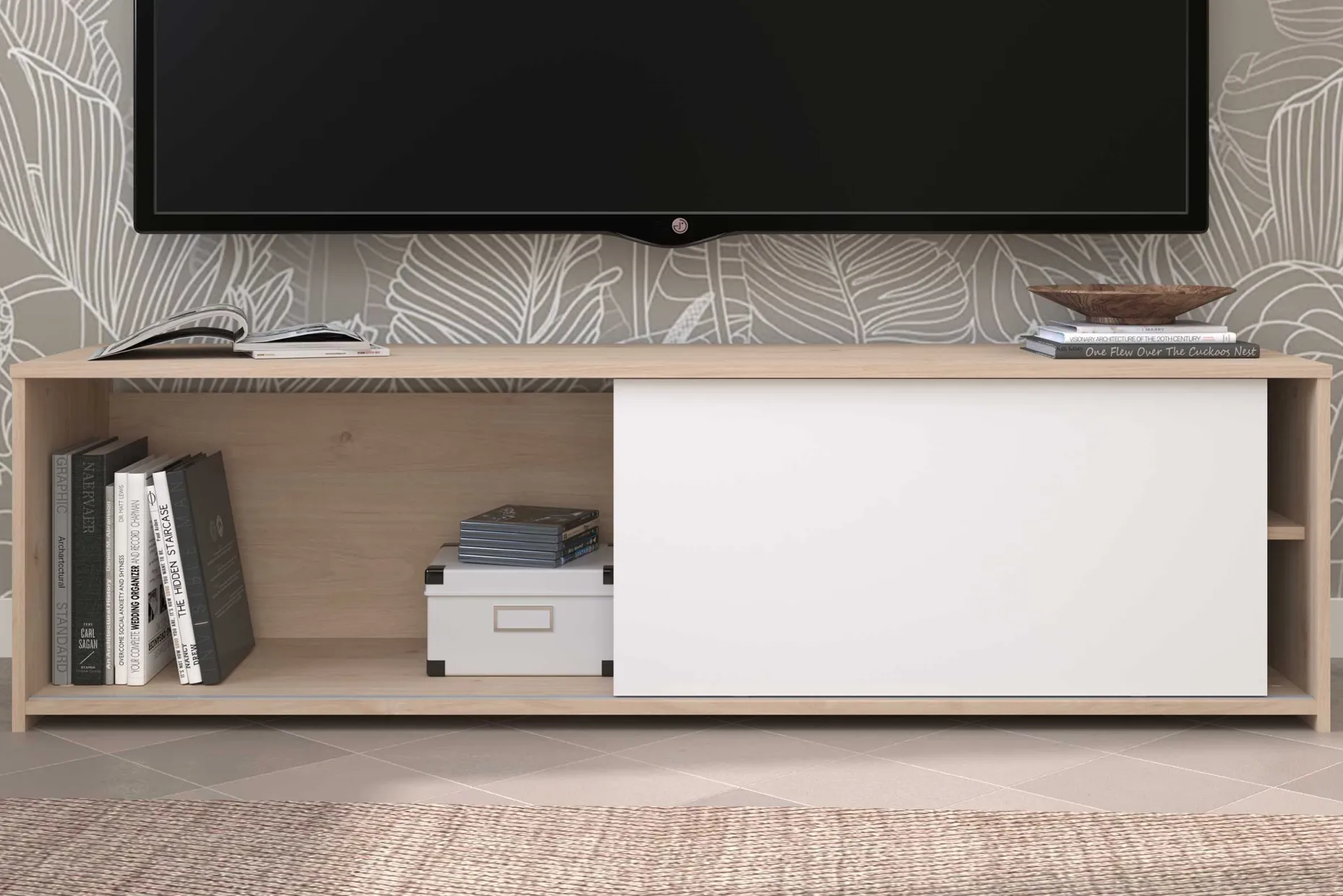 TV-Schrank Leandro - 155x40x43cm - mit Schiebetür - Eiche Dekor/Weiß