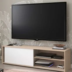 TV-Schrank Leandro - 155x40x43cm - mit Schiebetür - Eiche Dekor/Weiß