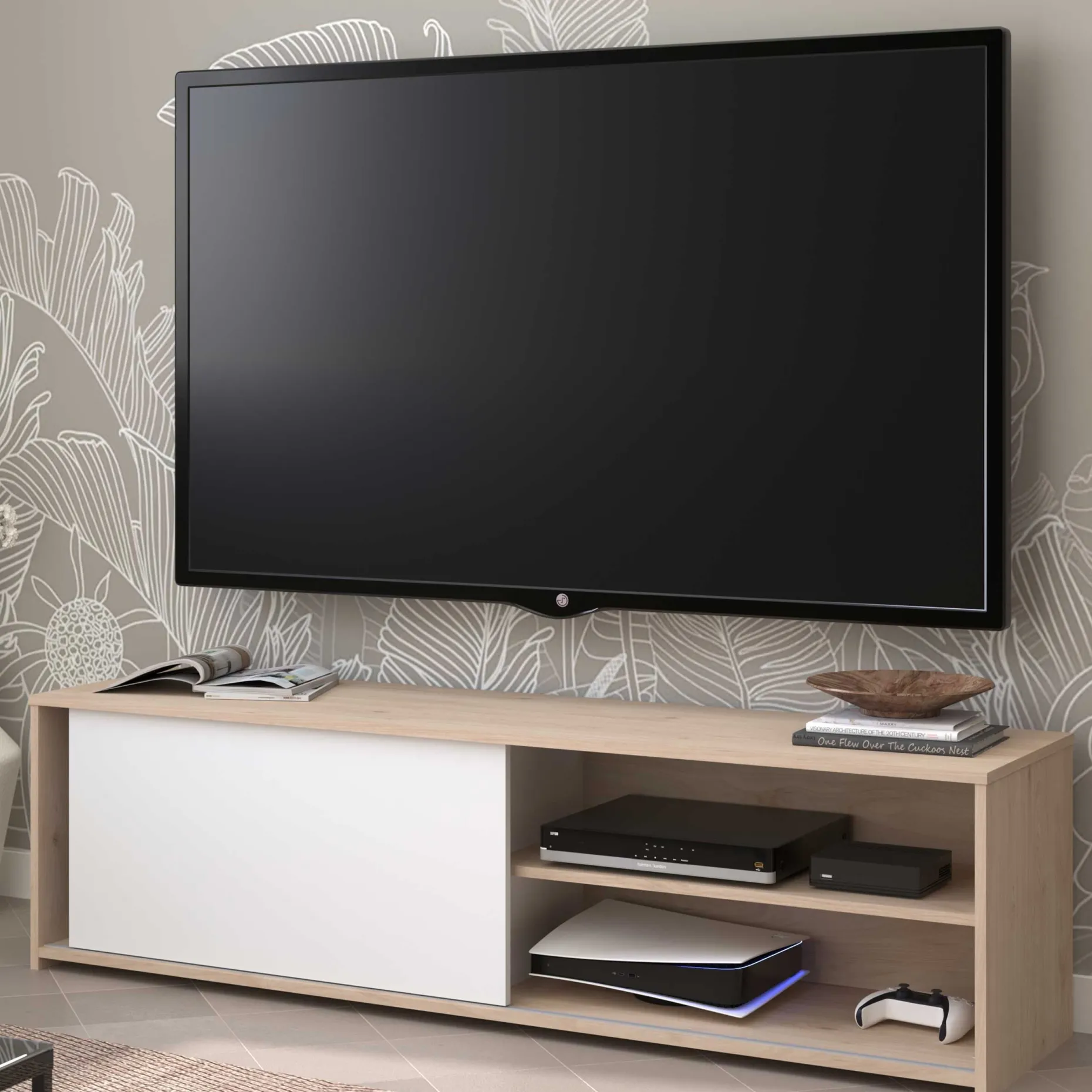 TV-Schrank Leandro - 155x40x43cm - mit Schiebetür - Eiche Dekor/Weiß