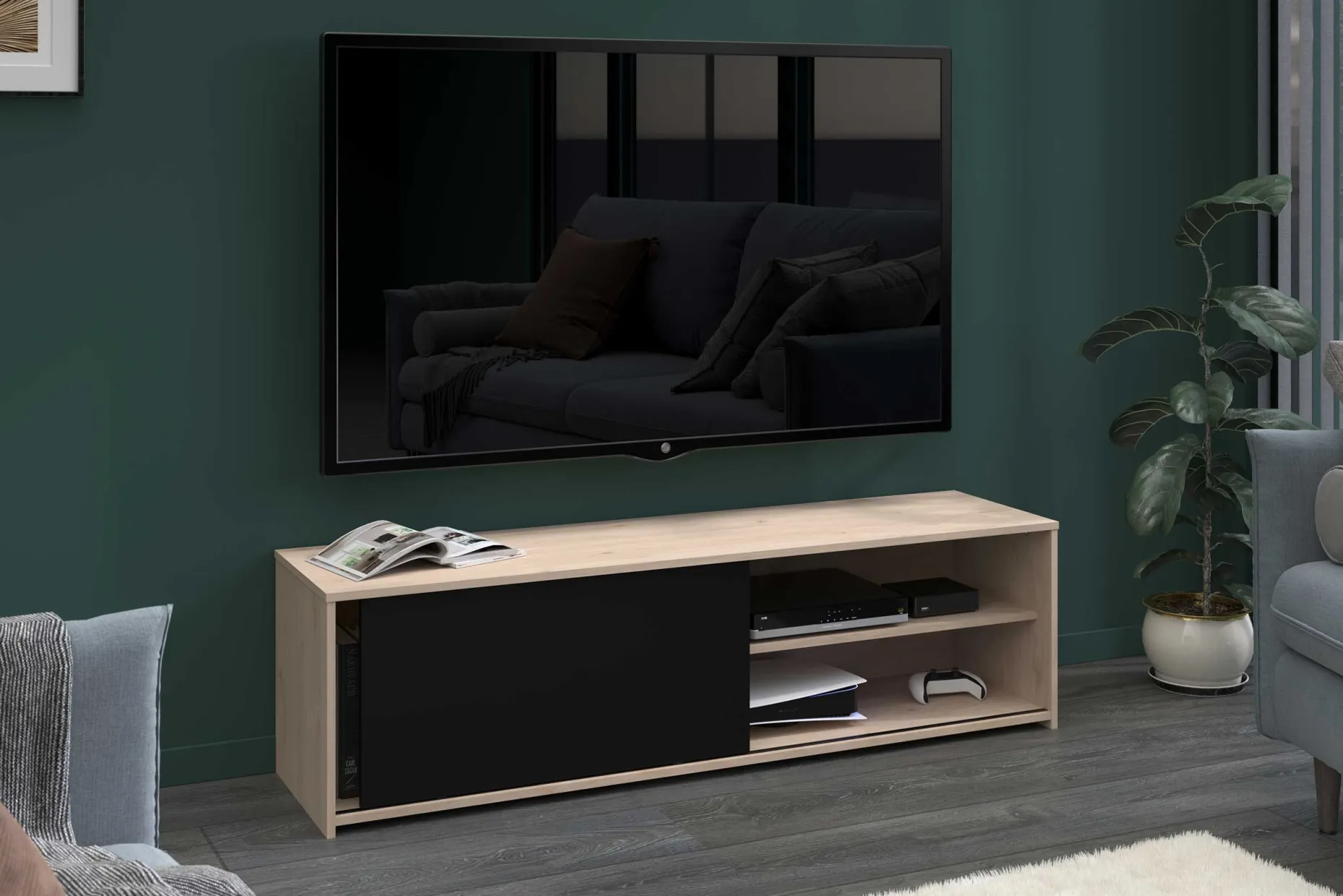 TV-Schrank Leandro - 155x40x43cm - mit Schiebetür - Eiche Dekor/schwarz