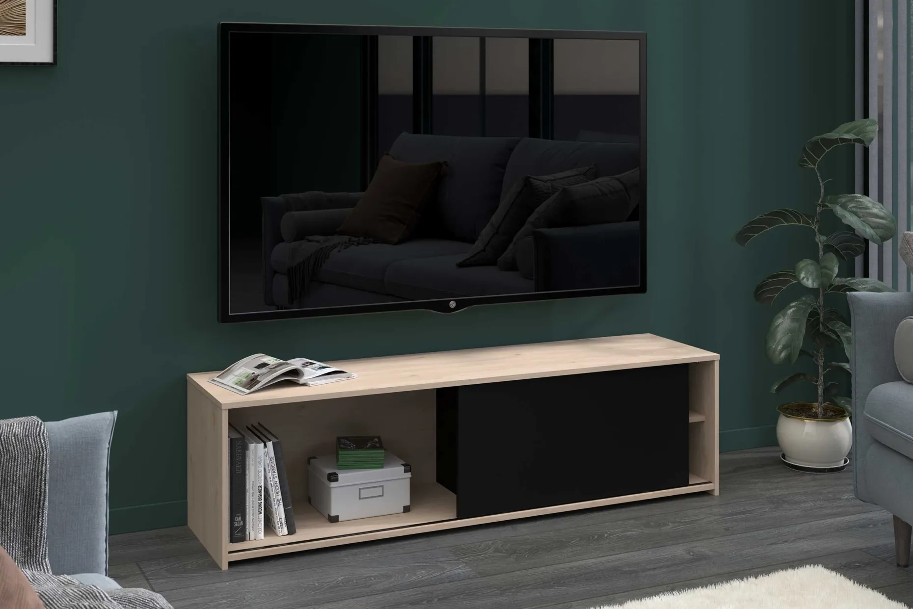 TV-Schrank Leandro - 155x40x43cm - mit Schiebetür - Eiche Dekor/schwarz