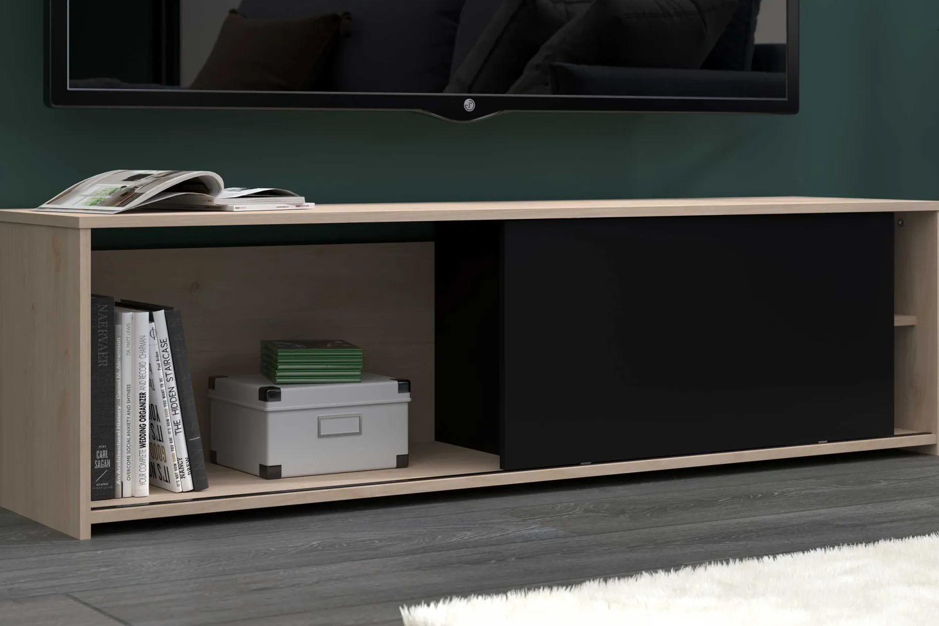 TV-Schrank Leandro - 155x40x43cm - mit Schiebetür - Eiche Dekor/schwarz