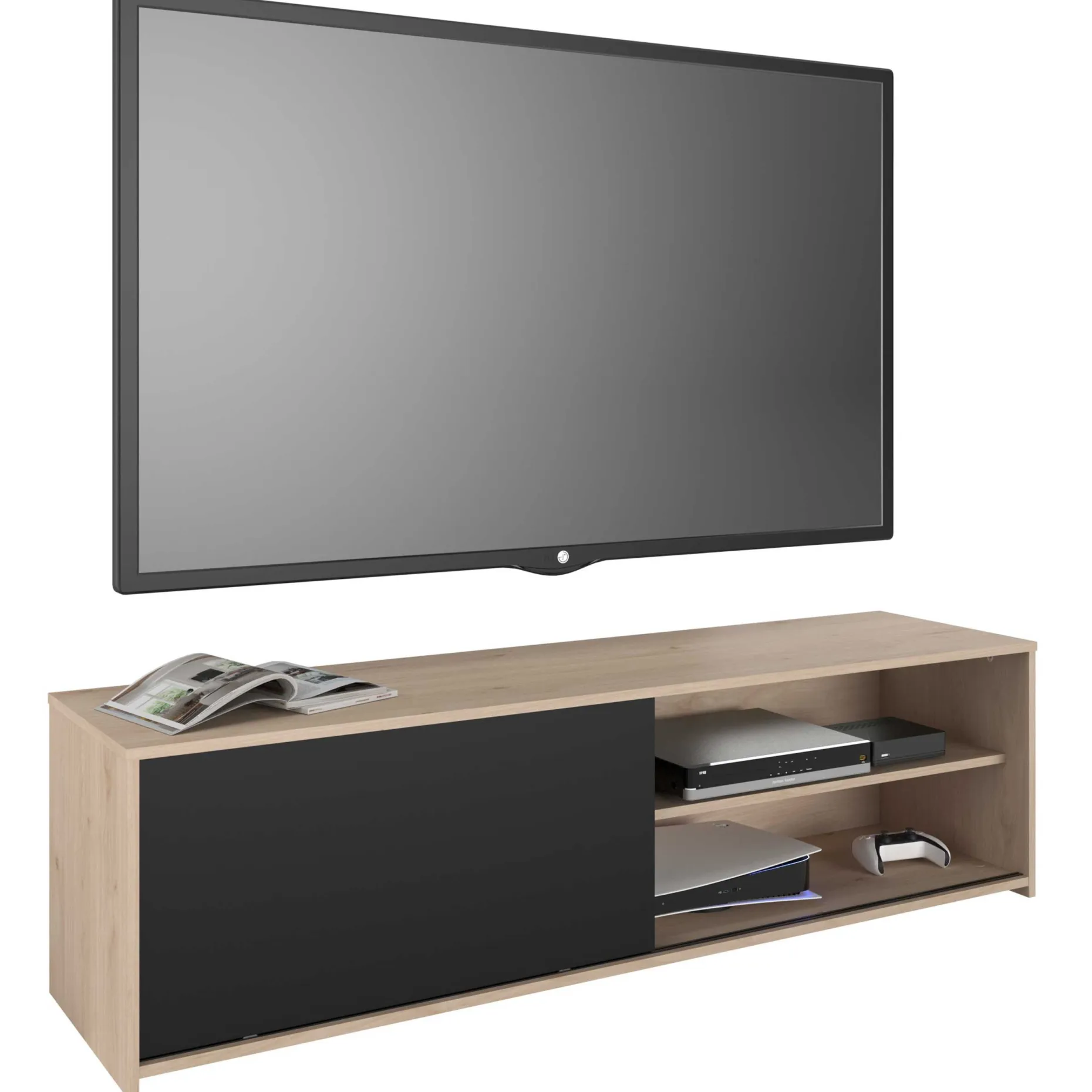 TV-Schrank Leandro - 155x40x43cm - mit Schiebetür - Eiche Dekor/schwarz