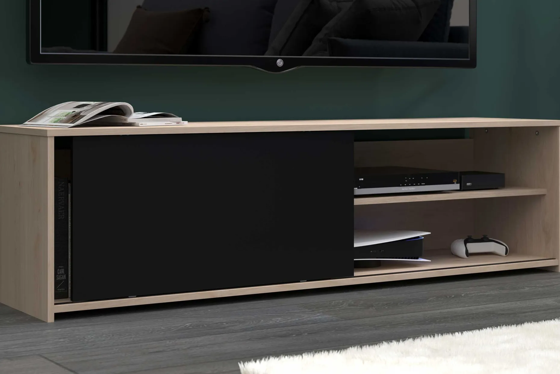 TV-Schrank Leandro - 155x40x43cm - mit Schiebetür - Eiche Dekor/schwarz