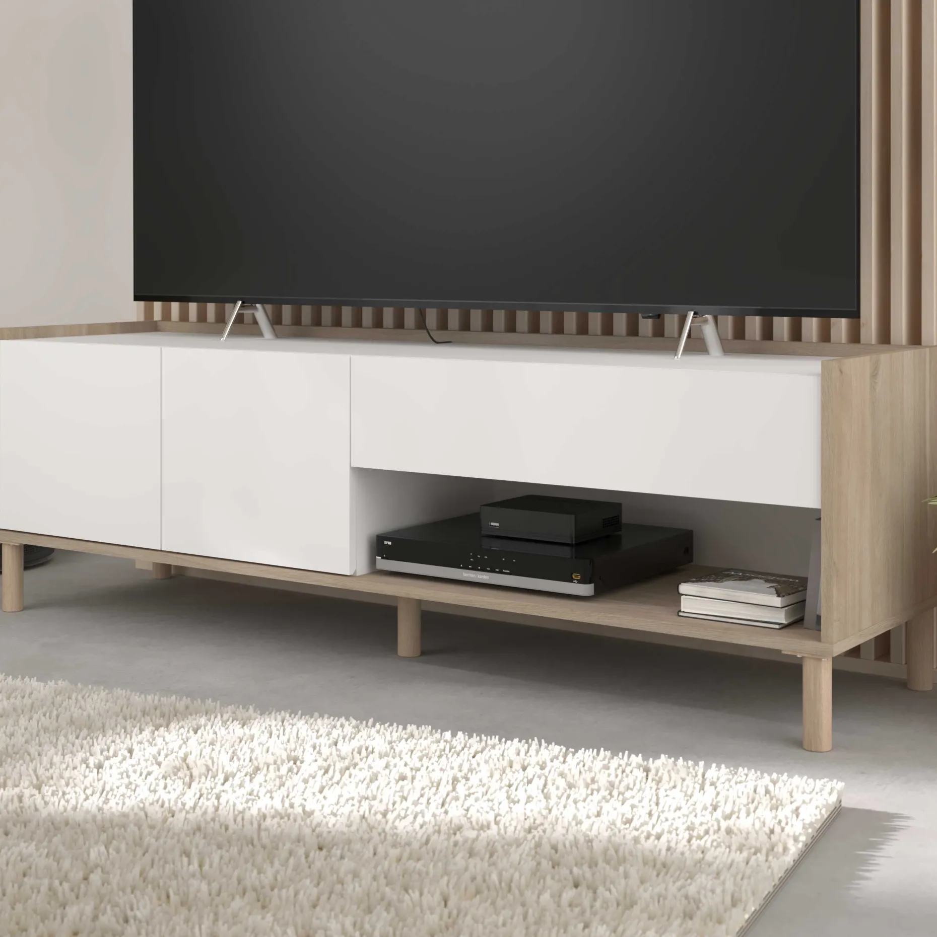 TV-Schrank Morpheus - 150x40x47cm - 2 Türen und 1 Schublade - Eiche Dekor/Weiß