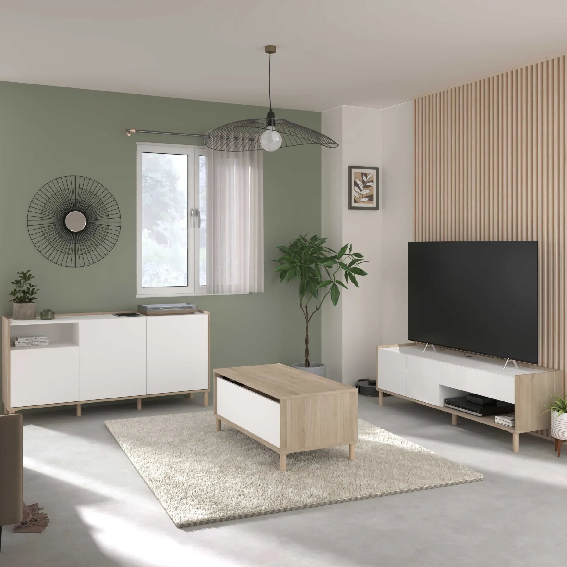 TV-Schrank Morpheus - 150x40x47cm - 2 Türen und 1 Schublade - Eiche Dekor/Weiß