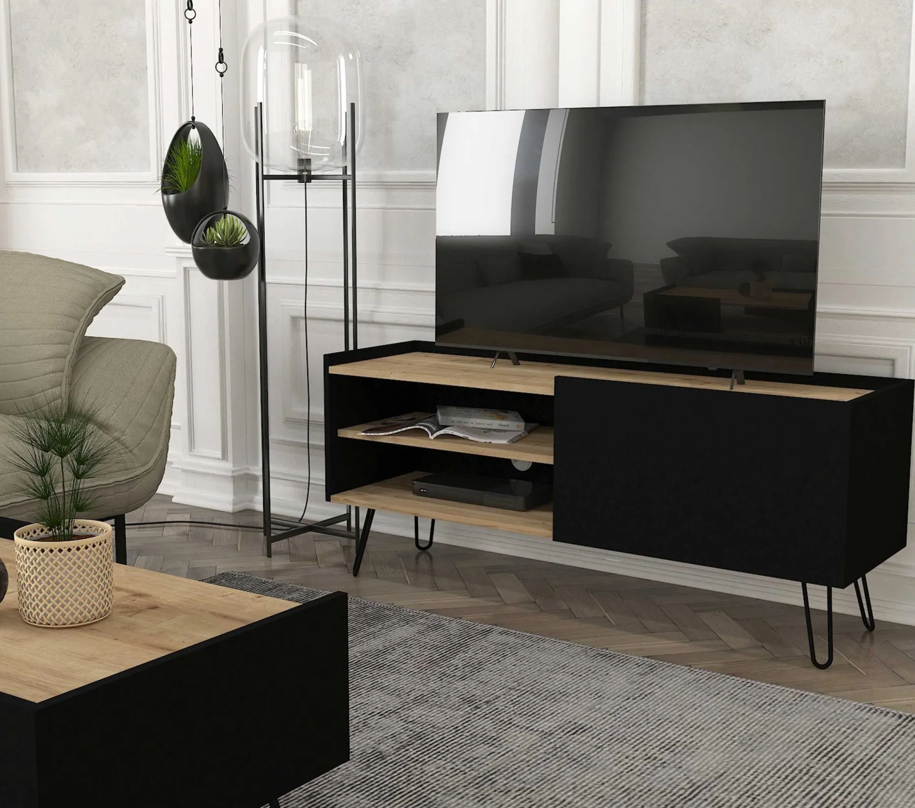 TV-Schrank Nina - 140x42x59cm - mit Stauraum - Eiche Dekor/schwarz