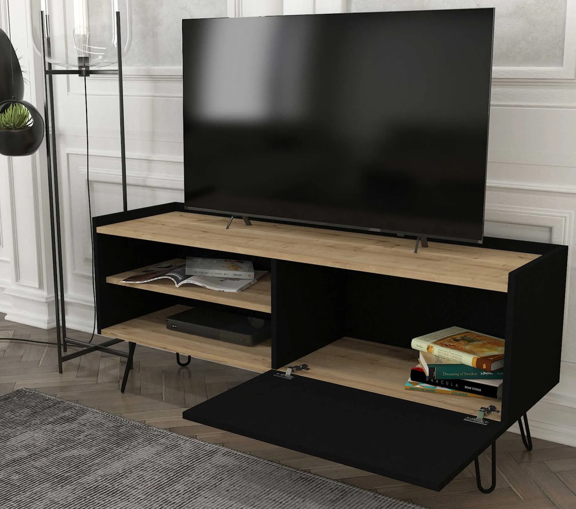 TV-Schrank Nina - 140x42x59cm - mit Stauraum - Eiche Dekor/schwarz