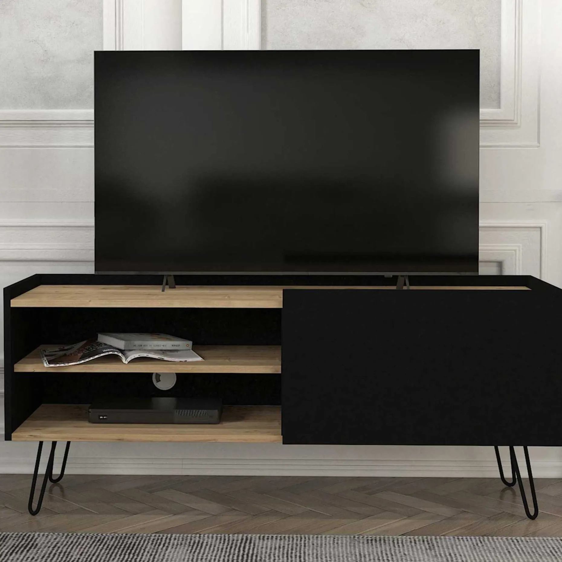 TV-Schrank Nina - 140x42x59cm - mit Stauraum - Eiche Dekor/schwarz