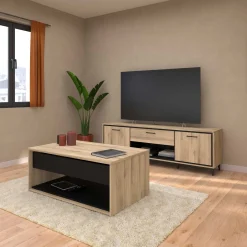 TV-Schrank Oskar - 180x40x57cm - 2 Türen und 1 Schublade - Eiche Dekor/schwarz
