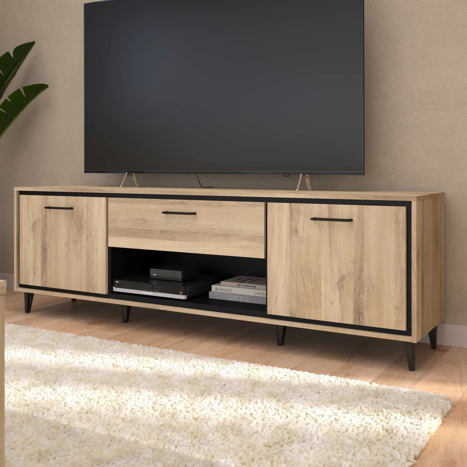 TV-Schrank Oskar - 180x40x57cm - 2 Türen und 1 Schublade - Eiche Dekor/schwarz