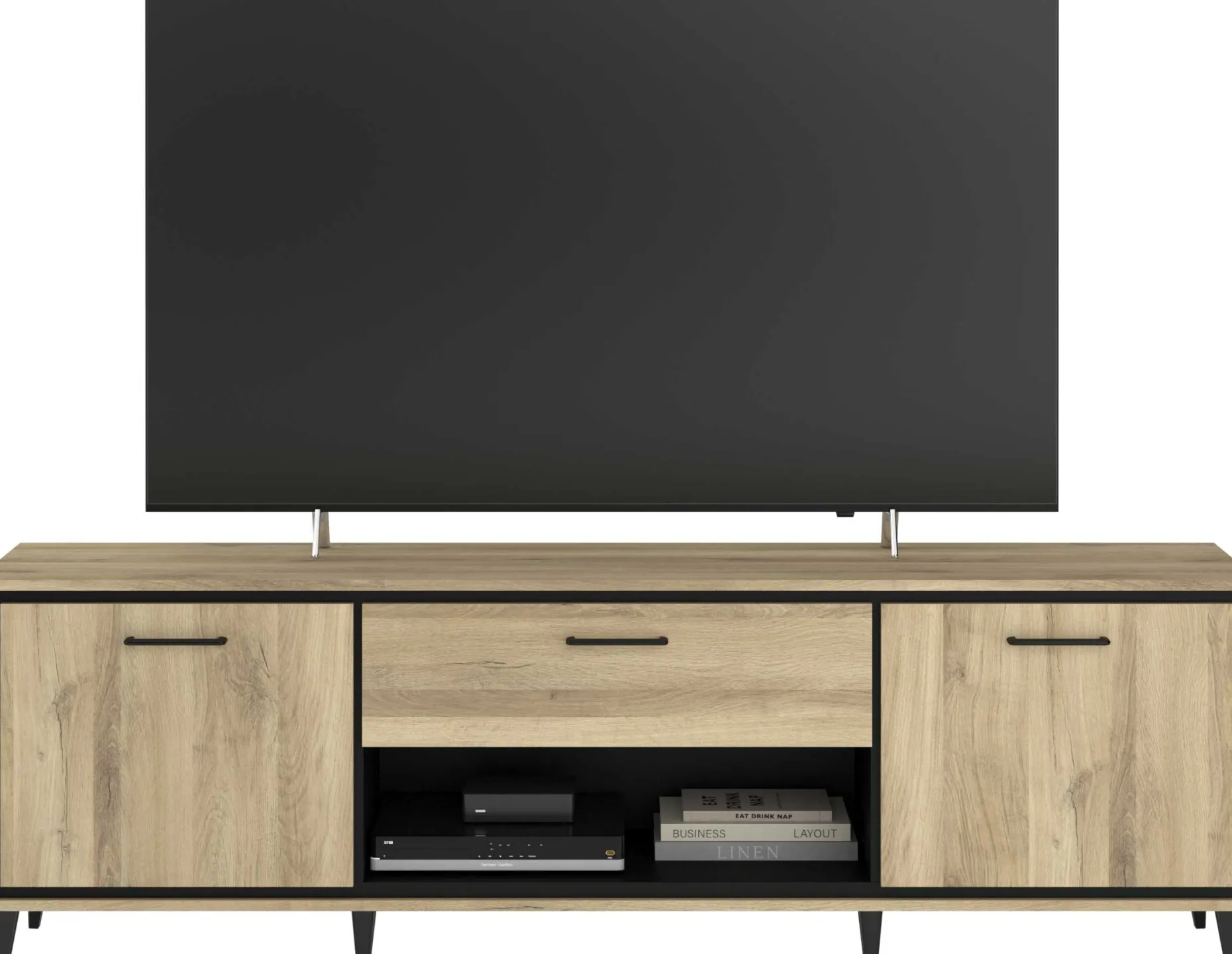 TV-Schrank Oskar - 180x40x57cm - 2 Türen und 1 Schublade - Eiche Dekor/schwarz