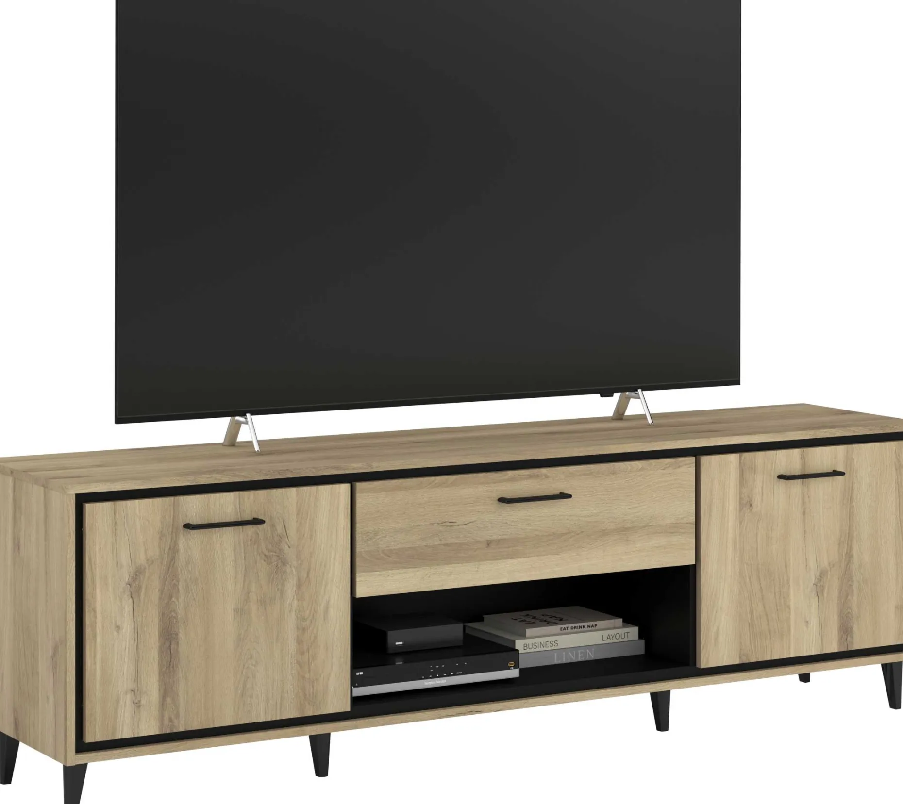 TV-Schrank Oskar - 180x40x57cm - 2 Türen und 1 Schublade - Eiche Dekor/schwarz