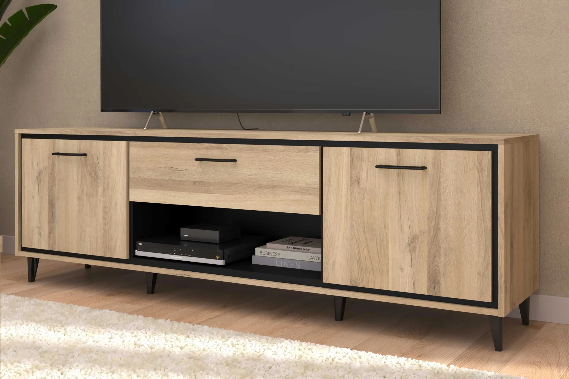 TV-Schrank Oskar - 180x40x57cm - 2 Türen und 1 Schublade - Eiche Dekor/schwarz