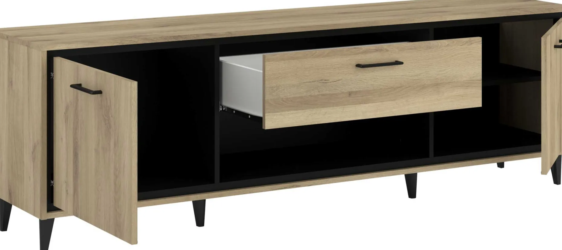 TV-Schrank Oskar - 180x40x57cm - 2 Türen und 1 Schublade - Eiche Dekor/schwarz