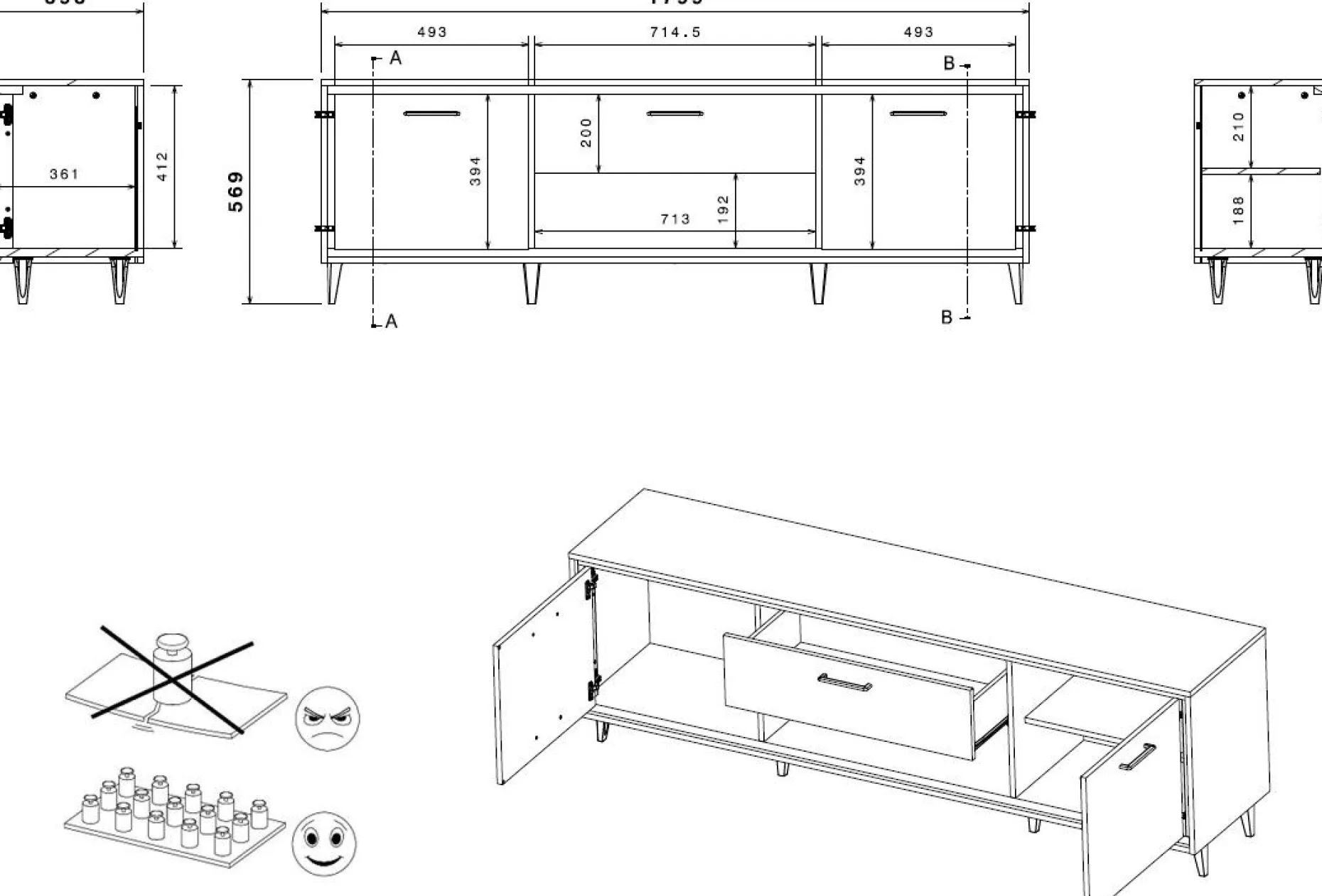TV-Schrank Oskar - 180x40x57cm - 2 Türen und 1 Schublade - Eiche Dekor/schwarz
