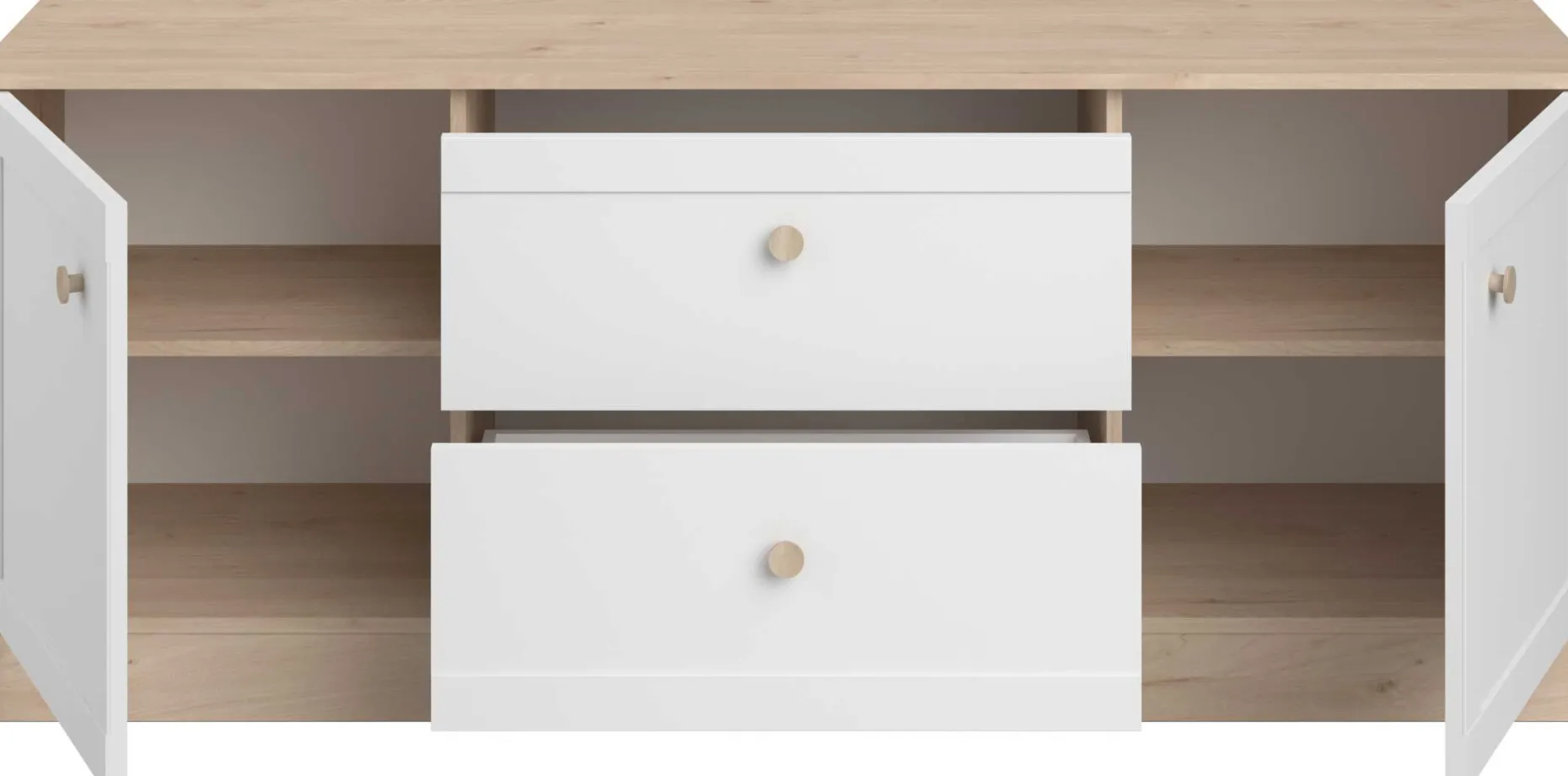 TV-Schrank Sophia - 158x40x63cm - 2 Türen und 2 Schubladen - weiß/Eiche Dekor