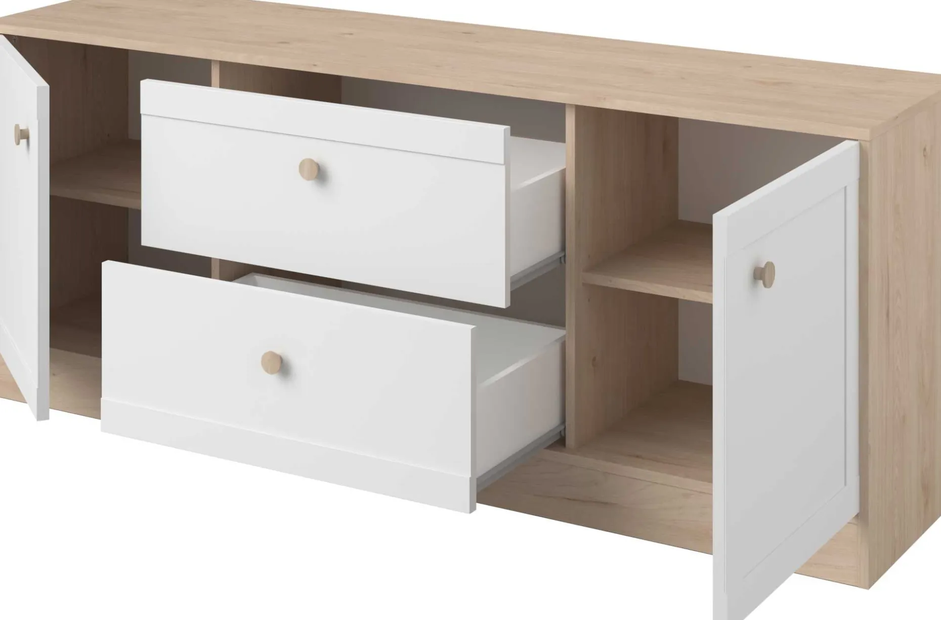 TV-Schrank Sophia - 158x40x63cm - 2 Türen und 2 Schubladen - weiß/Eiche Dekor