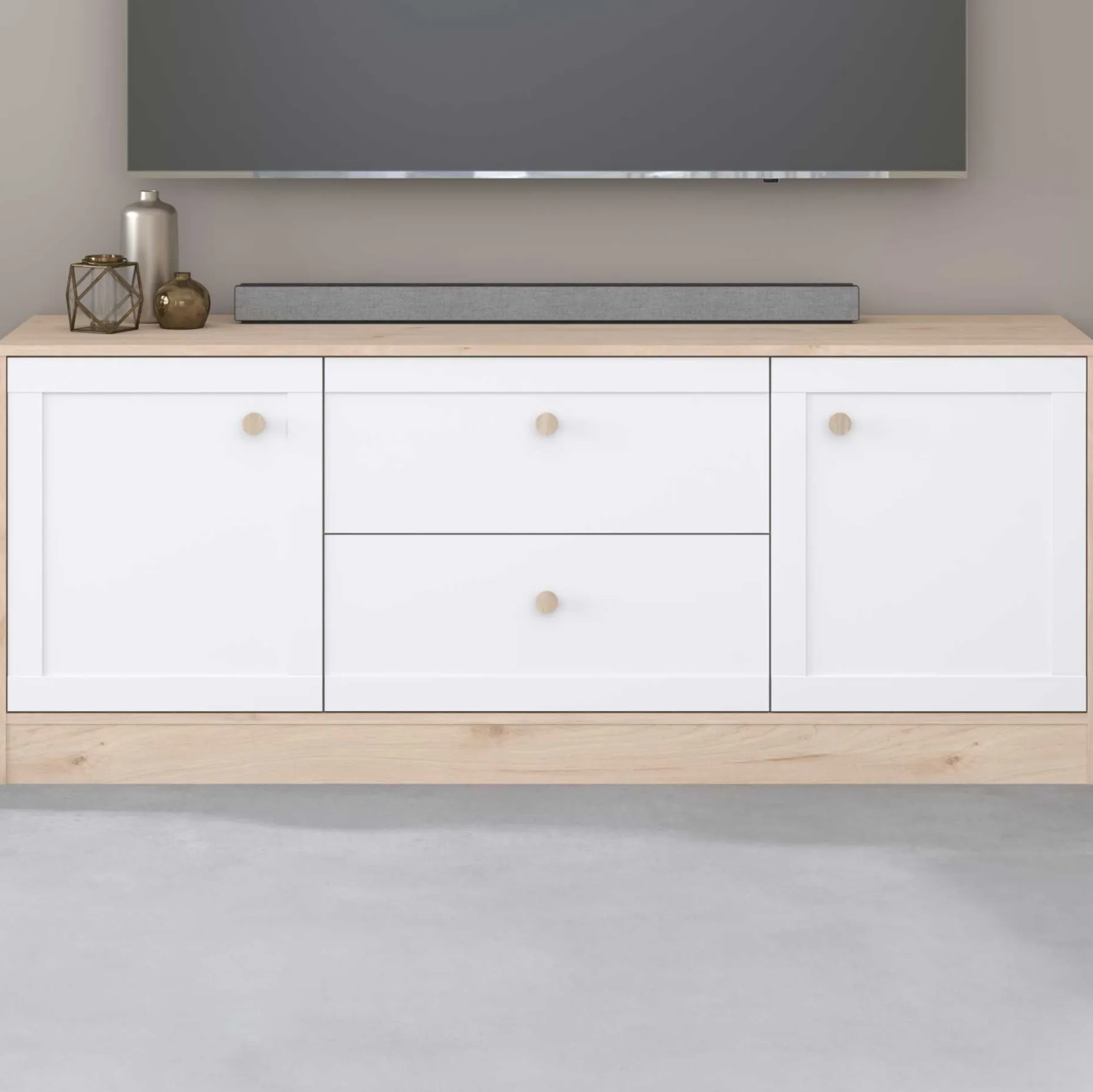 TV-Schrank Sophia - 158x40x63cm - 2 Türen und 2 Schubladen - weiß/Eiche Dekor
