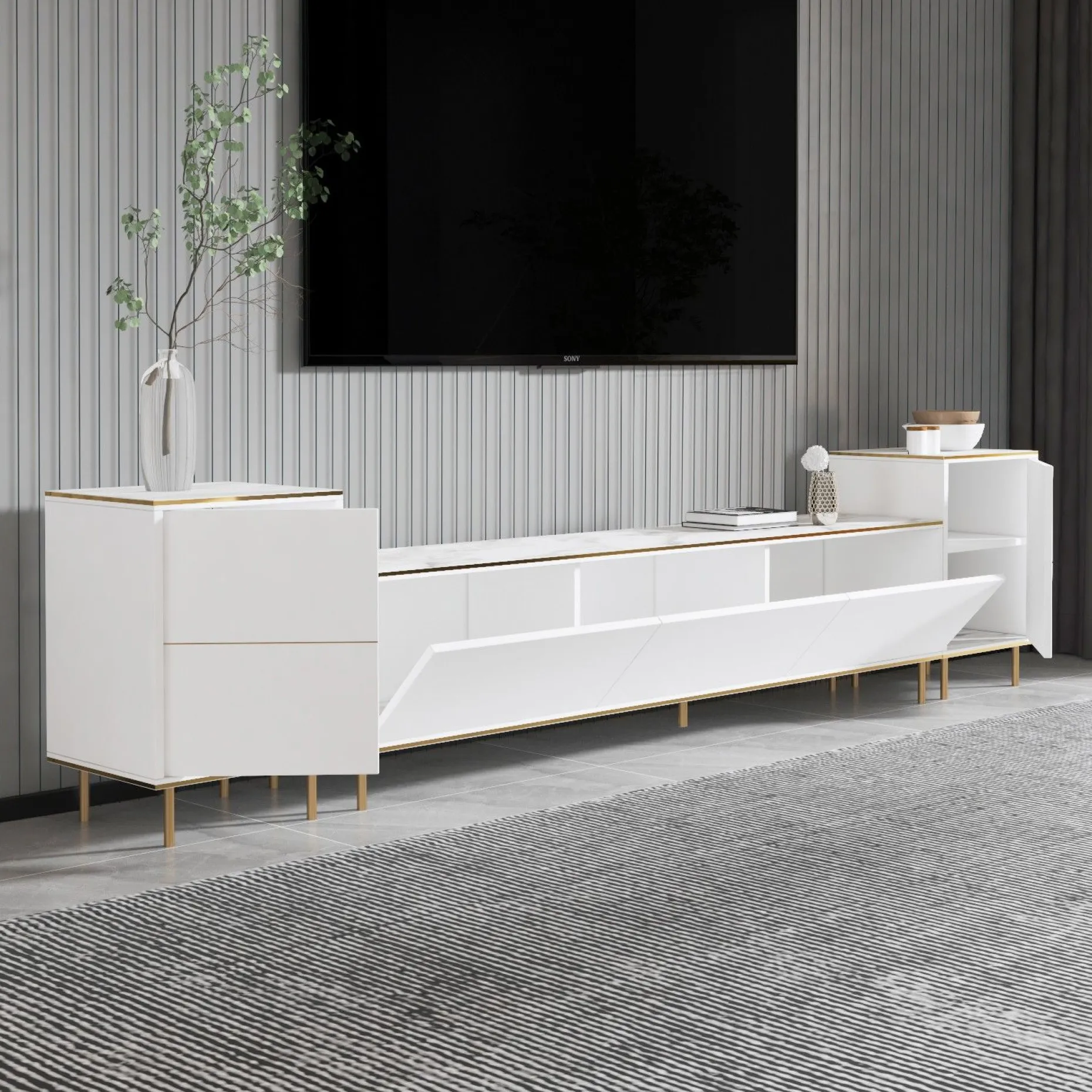 TV-Wandmöbel Imaj - 100% MELAMINE - Weißer Marmor - 180 x 60 x 35 cm