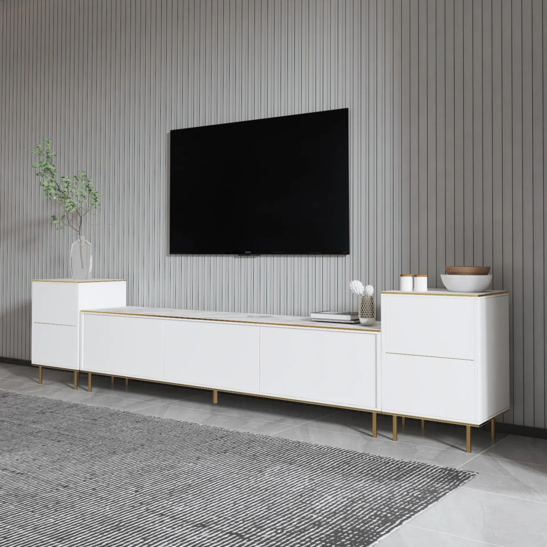 TV-Wandmöbel Imaj - 100% MELAMINE - Weißer Marmor - 180 x 60 x 35 cm