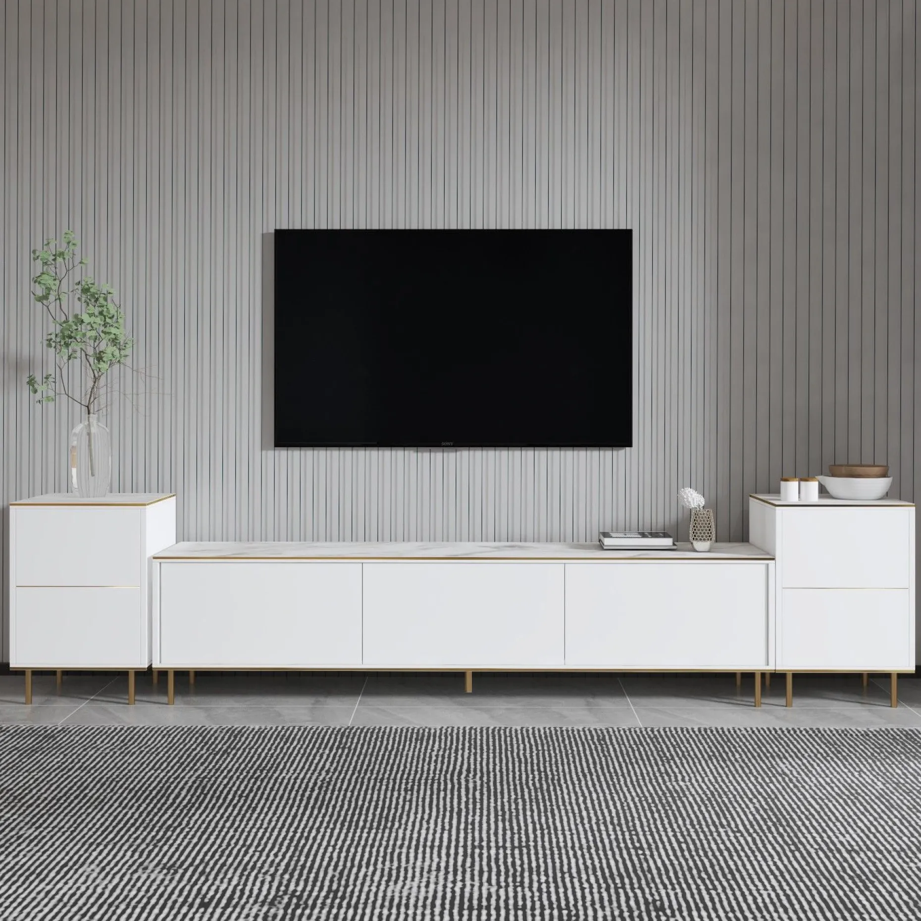TV-Wandmöbel Imaj - 100% MELAMINE - Weißer Marmor - 180 x 60 x 35 cm