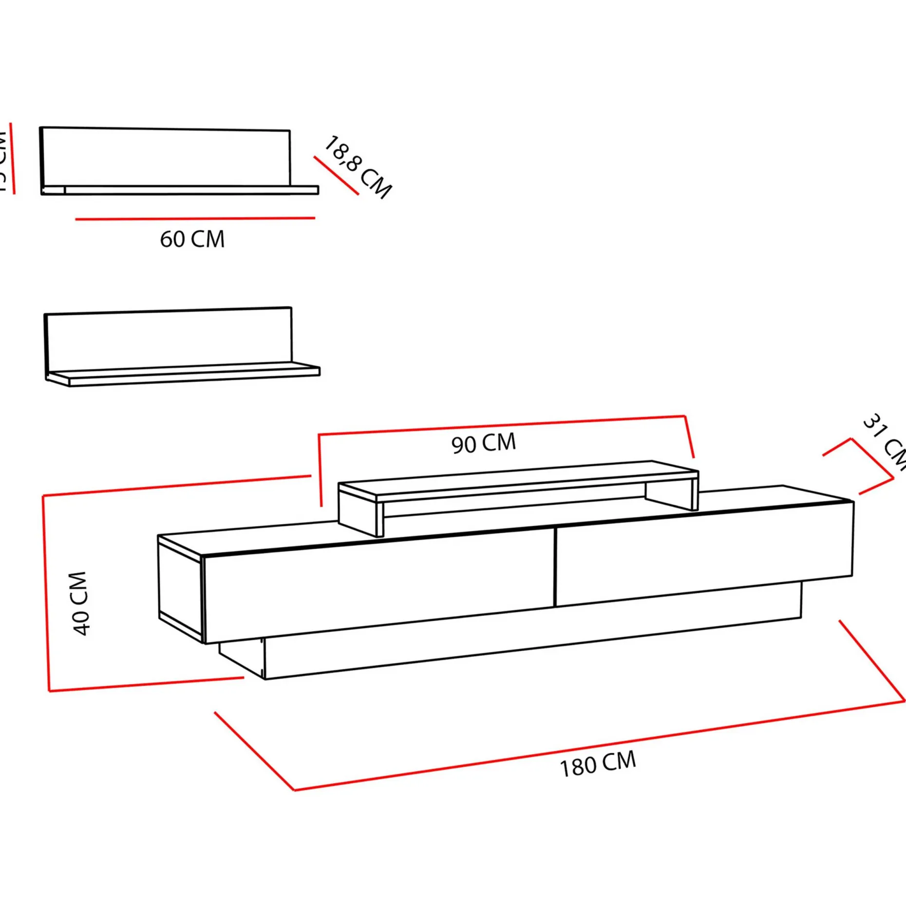 TV-Wandmöbel Lusi - 100% MELAMINE - Weiß - 180 x 40 x 31 cm