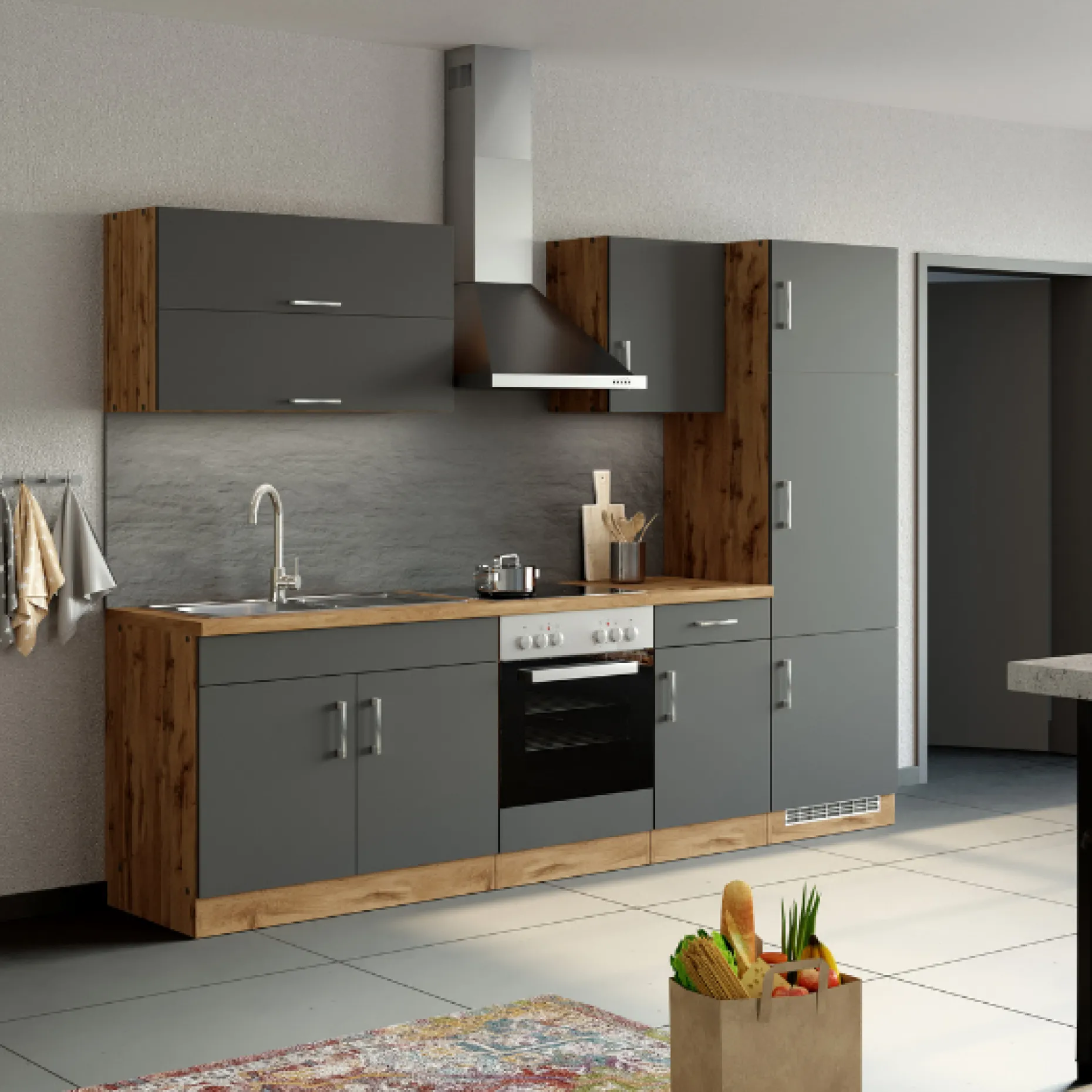 Unterschrank Sorrella 60cm für Backofen und Kochfeld - anthrazit/eiche