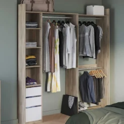 Verstellbarer Kleiderschrank Swift 3 Kleiderstangen, 3 Einlegeböden, 1 Schuhregal, 1 Hutablage und 3 Schubladen-Kronberger Eiche/Mattweiß