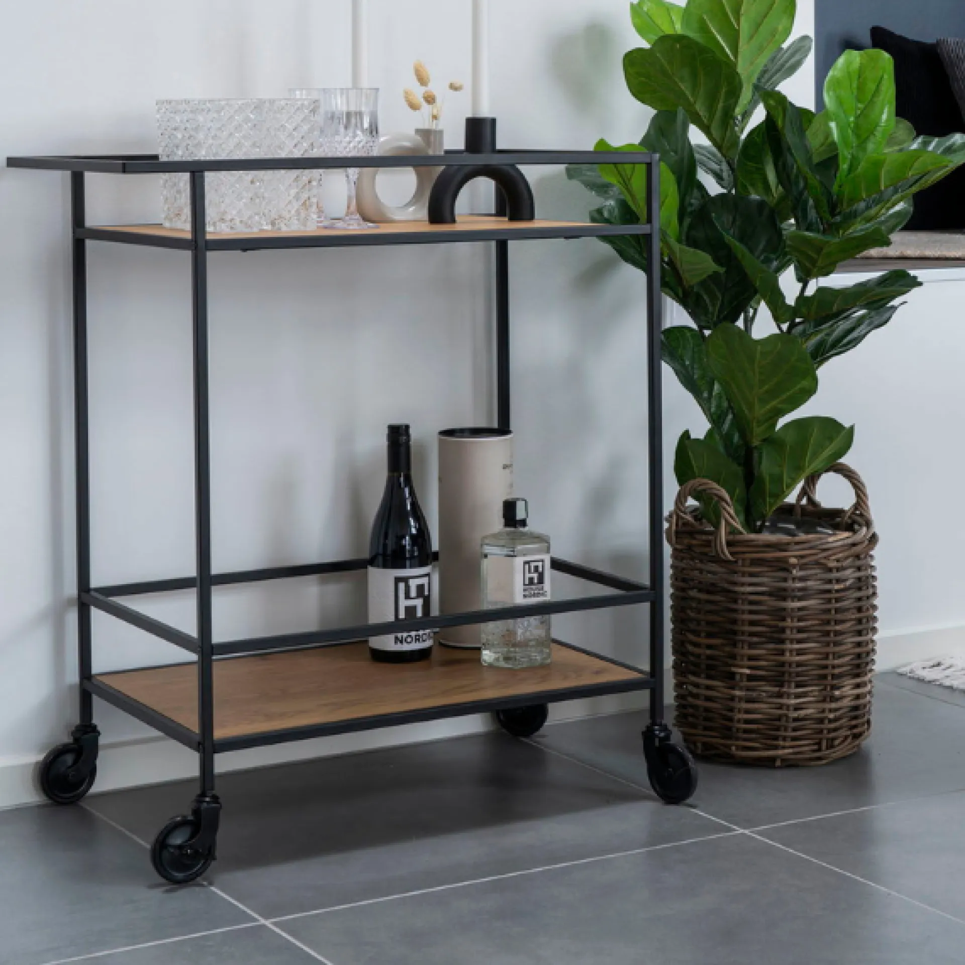 House Nordic Vita Barwagen - Eiche Natur mit schwarzem Rahmen